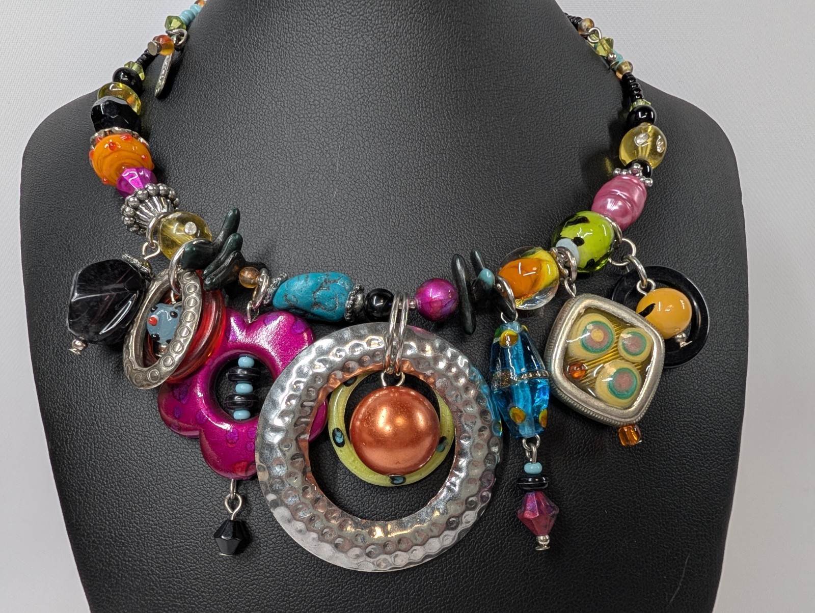 Treska Vintage Charm Bib Necklace Multicolor Lampwork Enamel Flower Estate