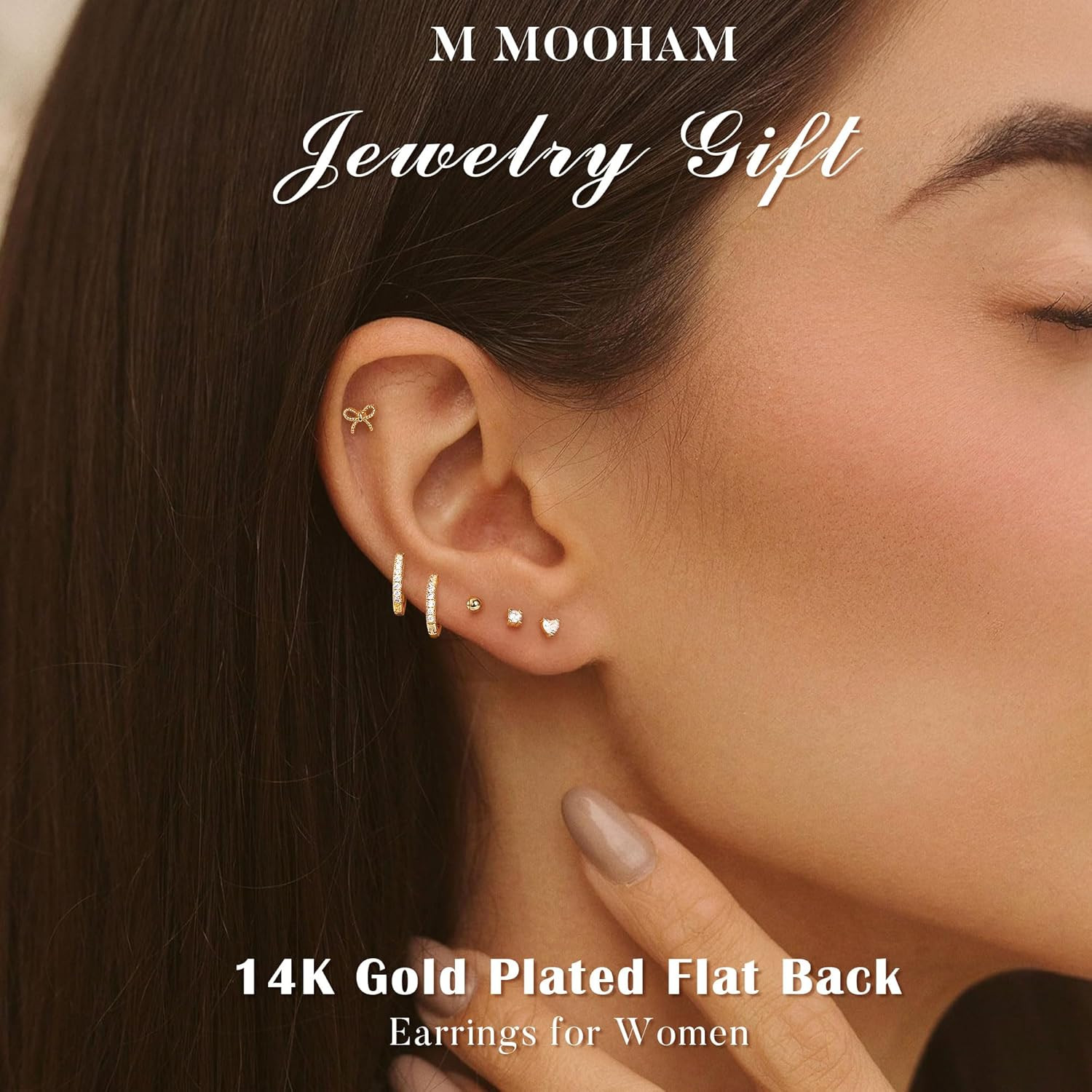M MOOHAM Hypoallergenic Flat Back Earring Stack for Women Teen Girls, 14K Gold P