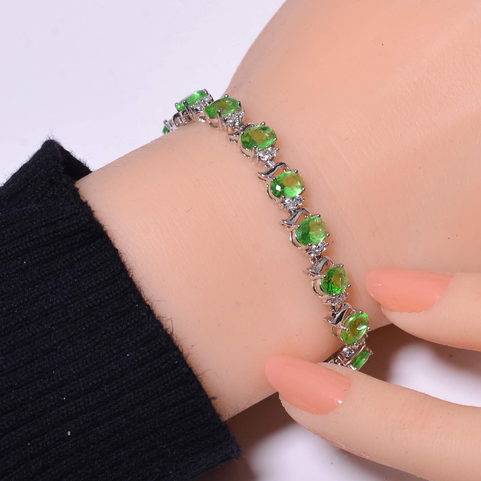 Green Amethyst & Cubic Zirconia 925 Sterling Silver Tennis Bracelet 7.99″ B16