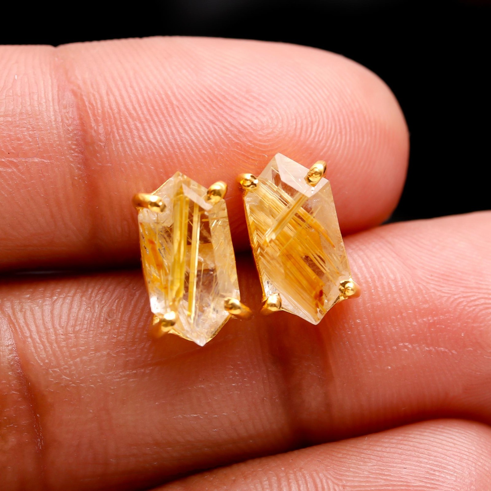 Natural Golden Rutile Hexagon Stud Earring Gold Fill 925 Sterling Silver Jewelry