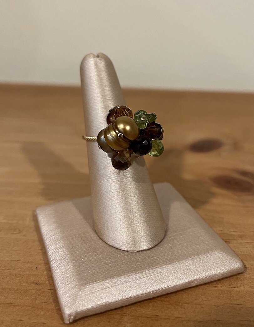 Fresh Water Pearl Cluster Ring, Green Brown Gold Peridot Crystals