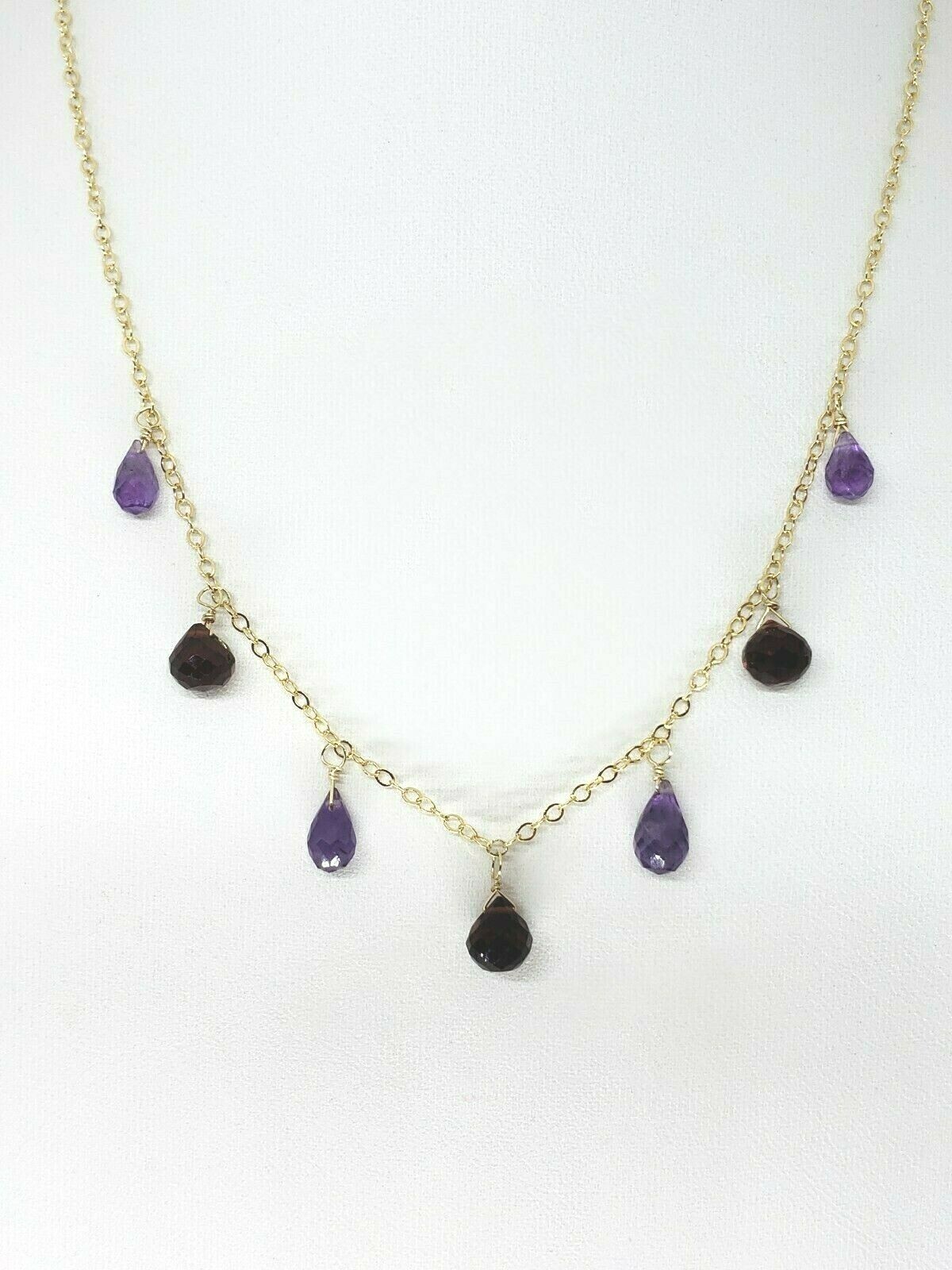 14k Yellow Gold Filled Garnet and Amethyst Briolette Chain Necklace 16″-18″