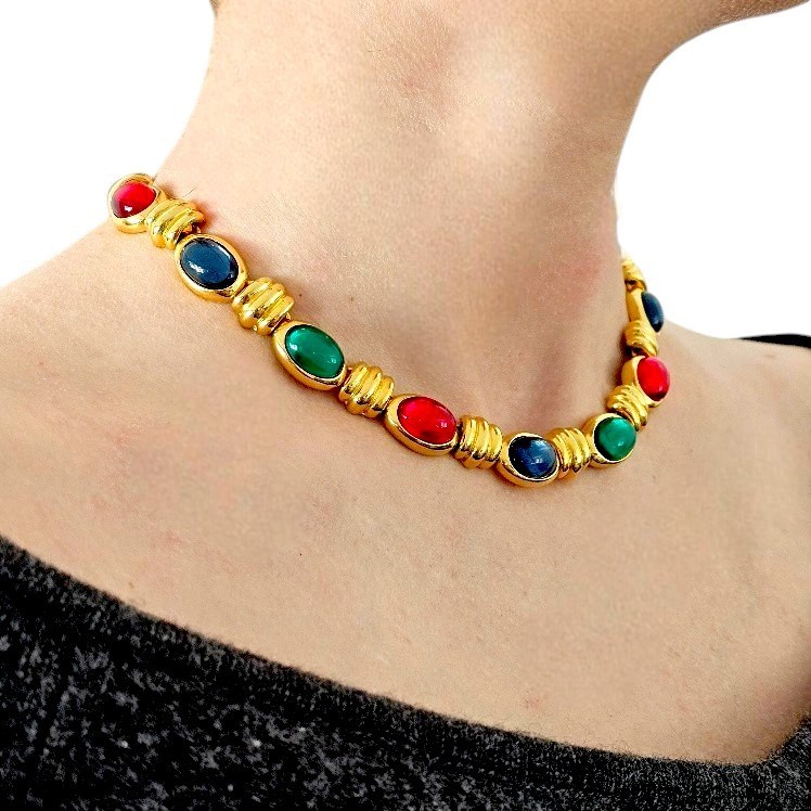 Necklace Gold Plated + Gripoix Poured Glass Multicolored Oval Cabochons Vintage