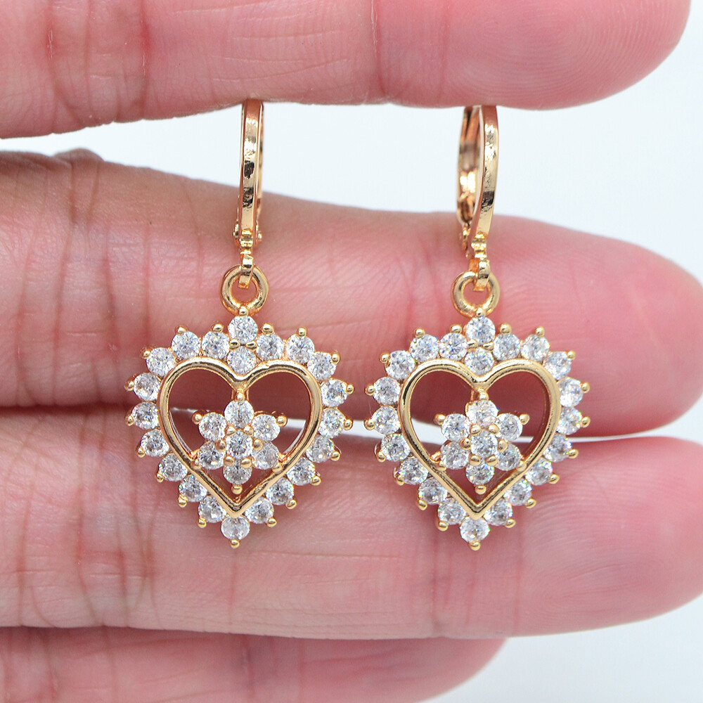 18K Yellow Gold Filled Women Romantic Rose Red Topaz Flower Heart Drop Earrings