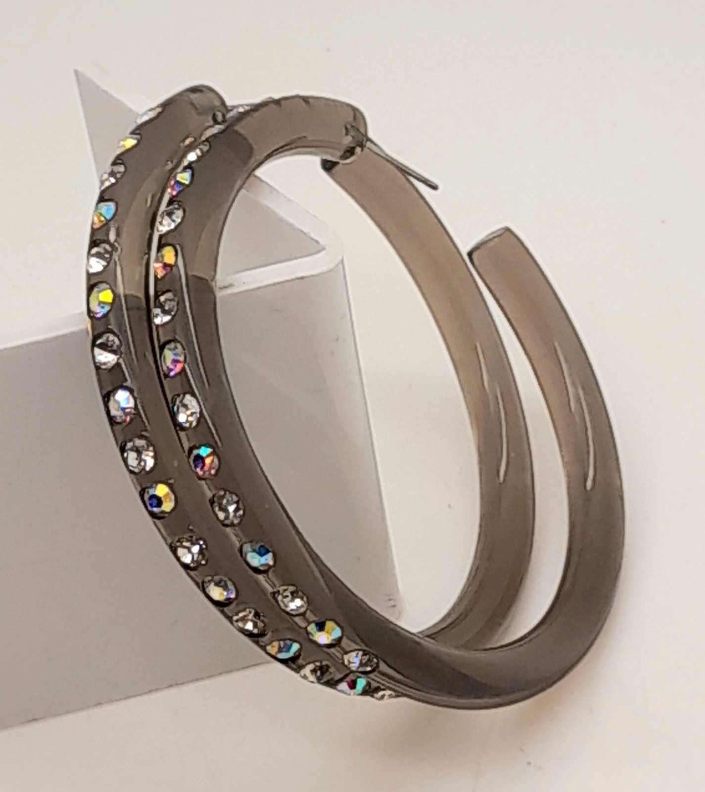 1.75INCH THIN DARK GRAY PLASTIC HOOP WITH CLEAR & AB RHINESTONE FASHION EARRINGS