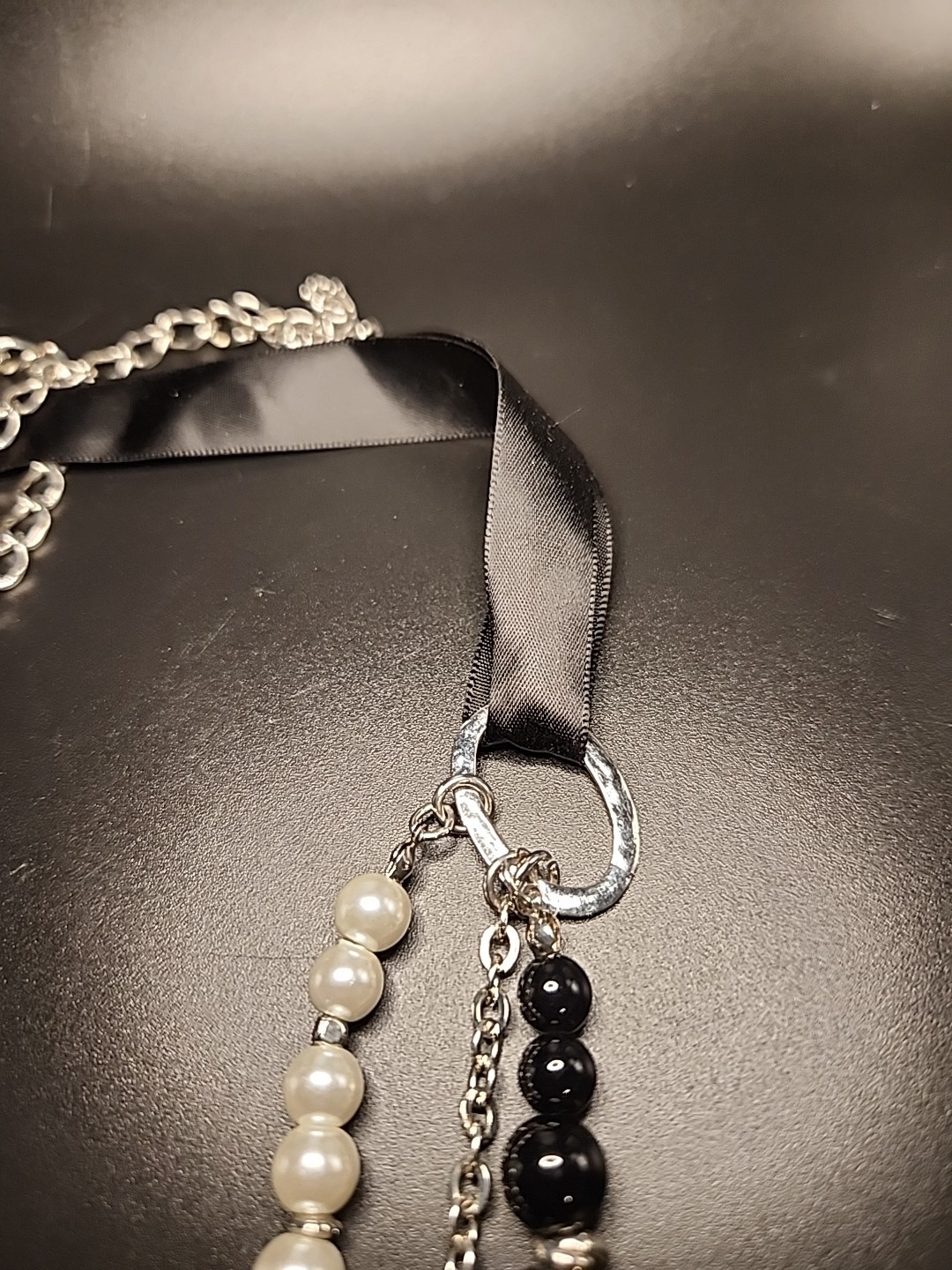 NY 41″ Adjustable Layered Necklace Faux Pearls, Silvertoned Chain, Black Acrylic