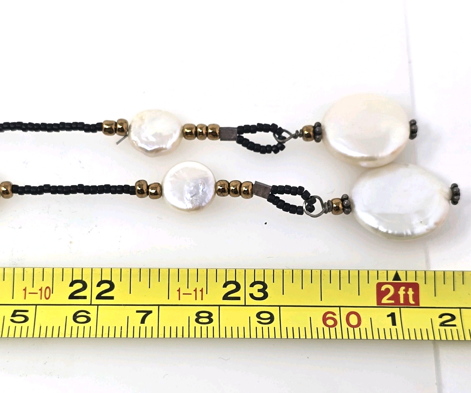 Long Baroque Coin Pearl Black Spinel Station Beaded Necklace 48″ Lariat