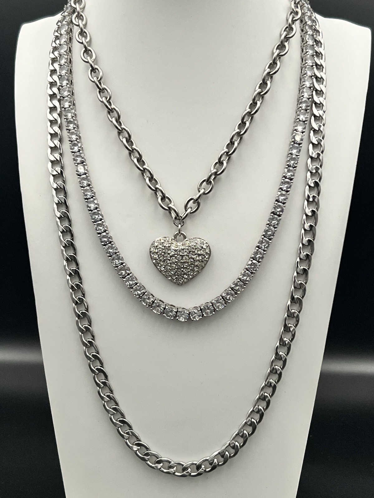 Silver-Tone Layered Necklace Set|Bundle of 3 – Pave Heart Tennis Chain