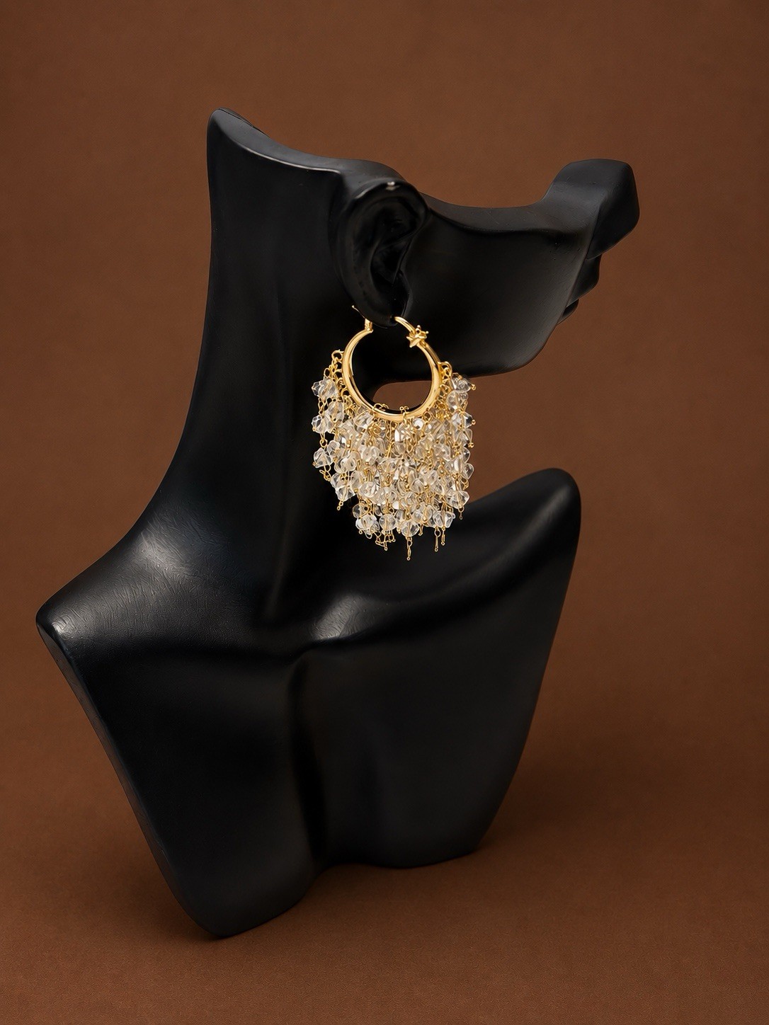 Yellow Gold Plated Hoop Dangle Earrings Clear Round Crystal Fringe Latch Back