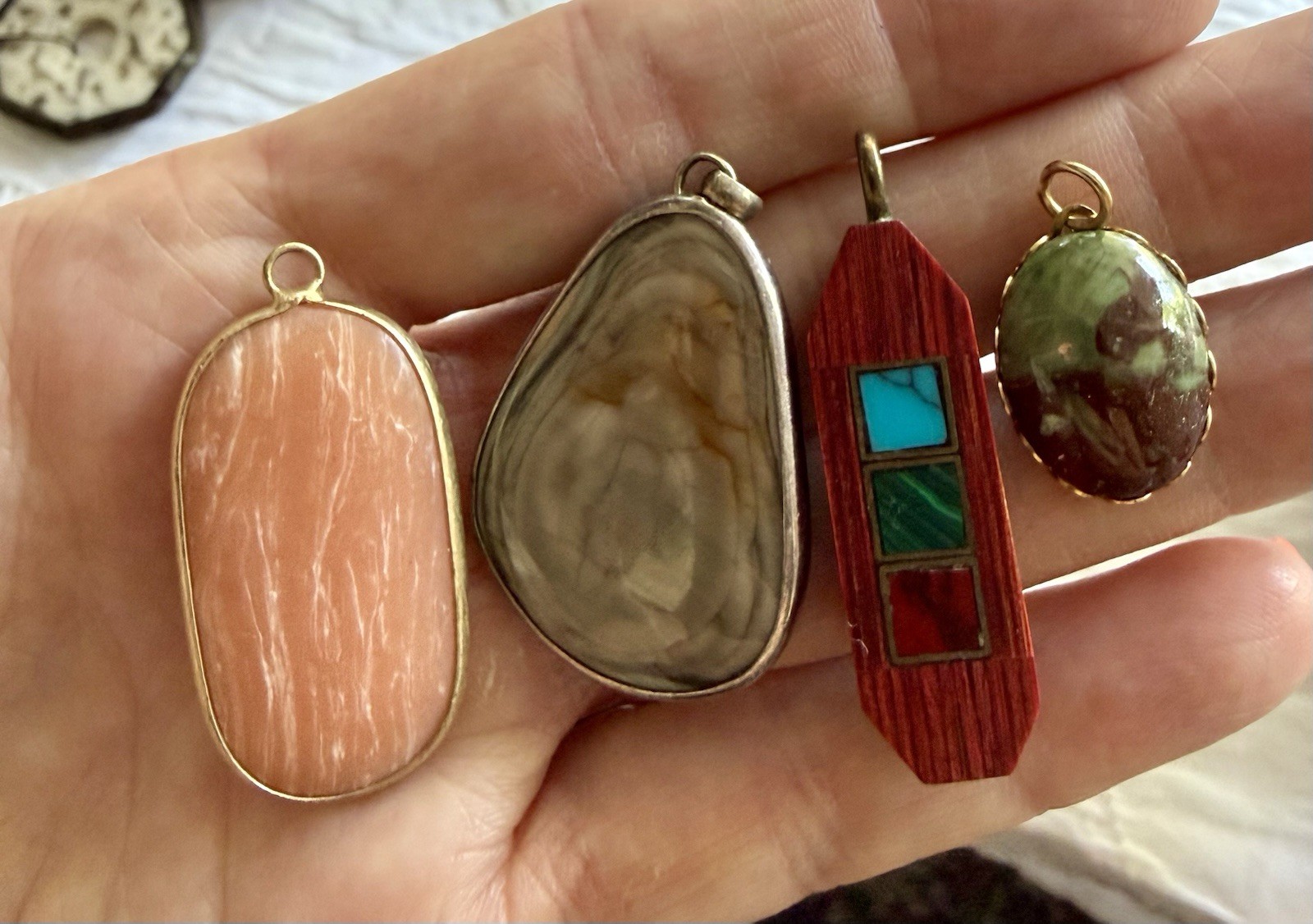 4 Natural Stone Pendants Wood Turquoise Inlay Spiny Oyster Chrysoprase Jasper