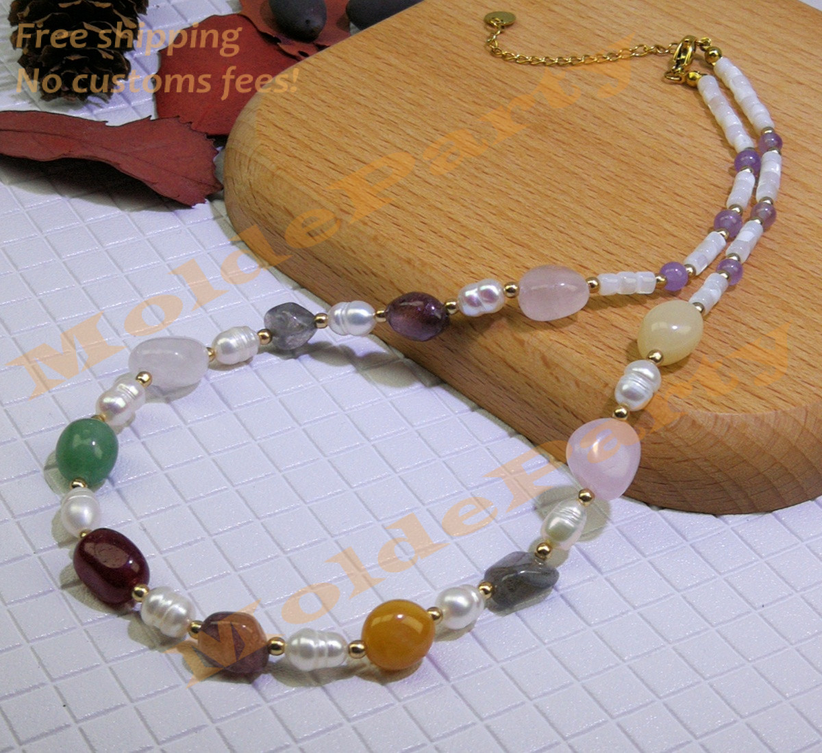 Raw Multi-Gemstone Amethyst Pearls Beaded Choker 40cm Boho Necklace Jewelry Gift