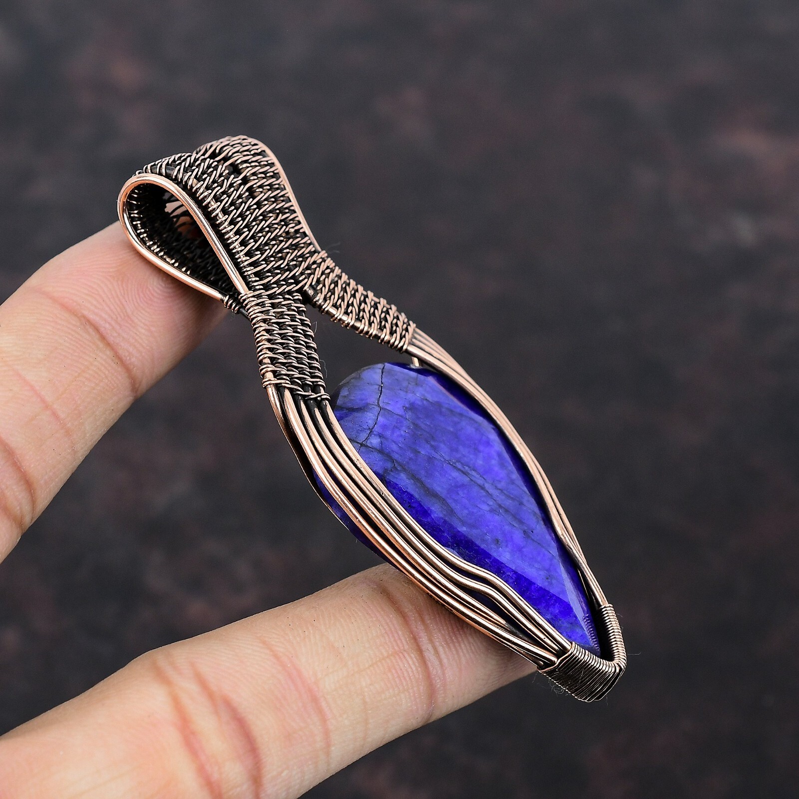 Gift For Her Copper Blue Saphire Gemstone Jewelry Wire Wrapped Pendant 3.27″