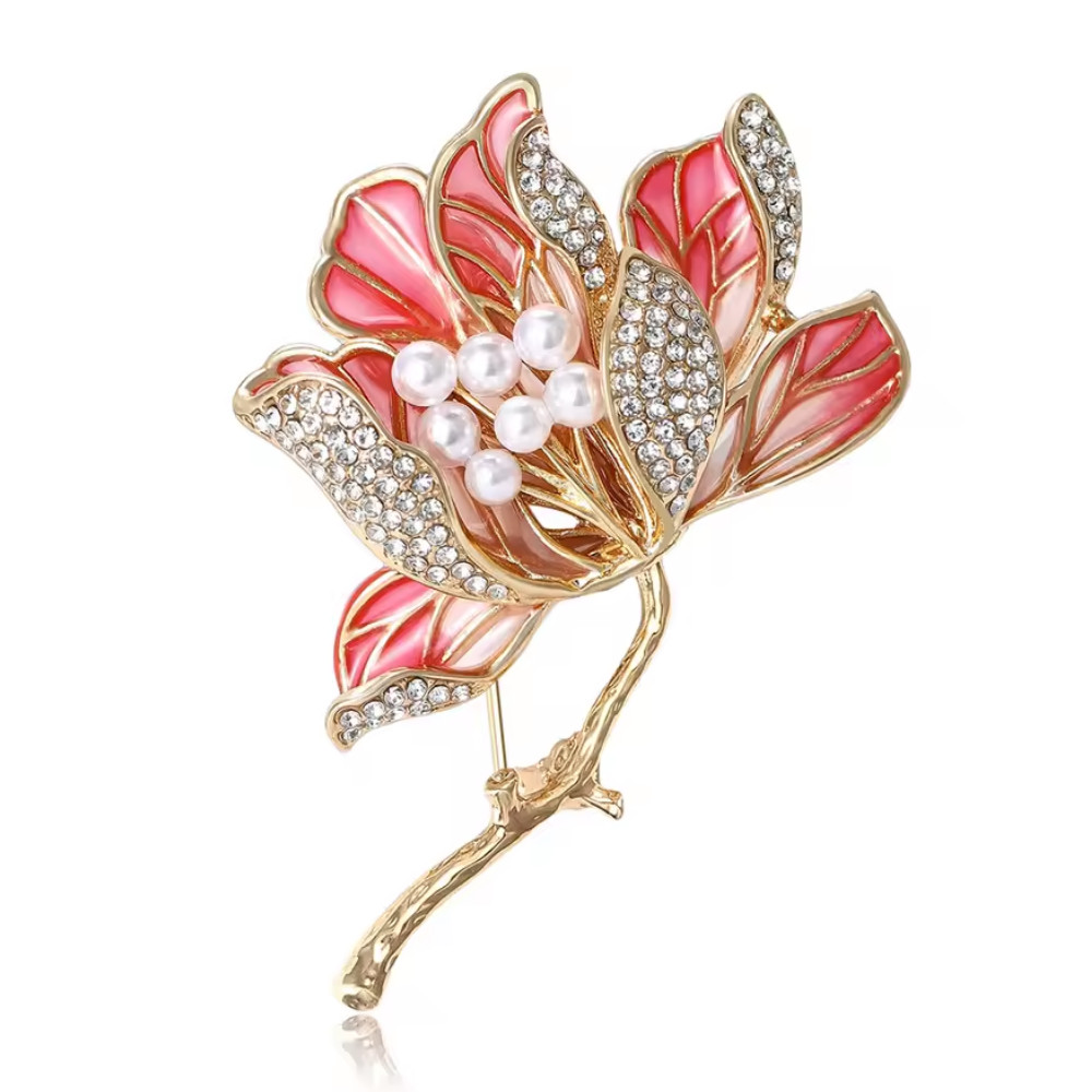 Gold Pink Lotus Flower Brooch Pearl Enamel Rhinestone Pin Summer Jewelry Gift
