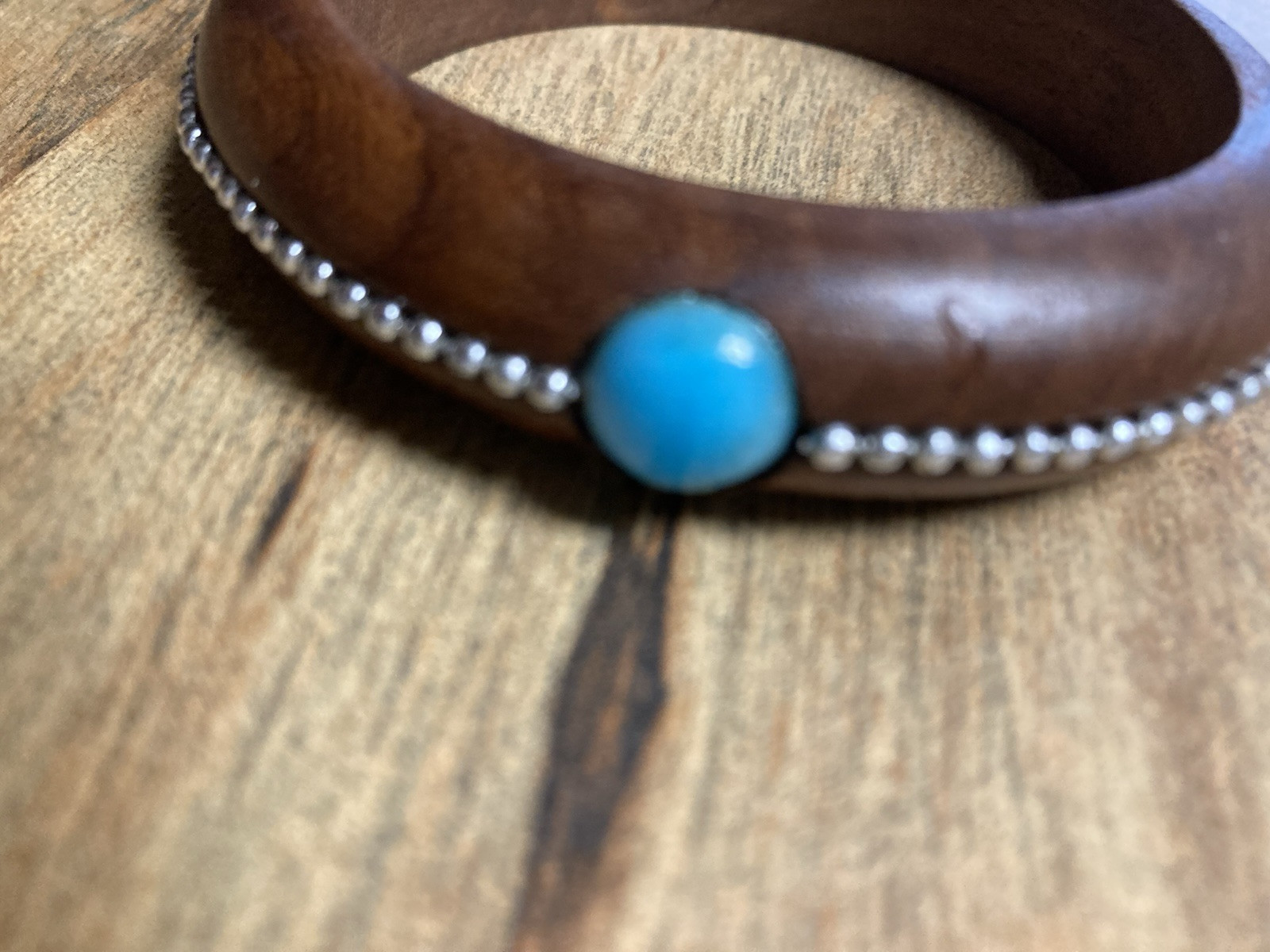 Wood Bangle Bracelet with Silver Color Beads All Around and 4 Turq Color Stones