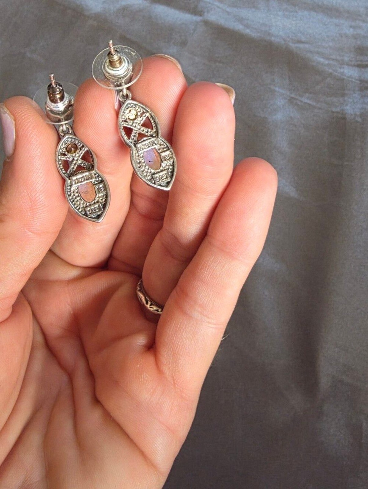 Amethyst Moonstone Citrine Ornate Sterling Silver Drop Earrings India