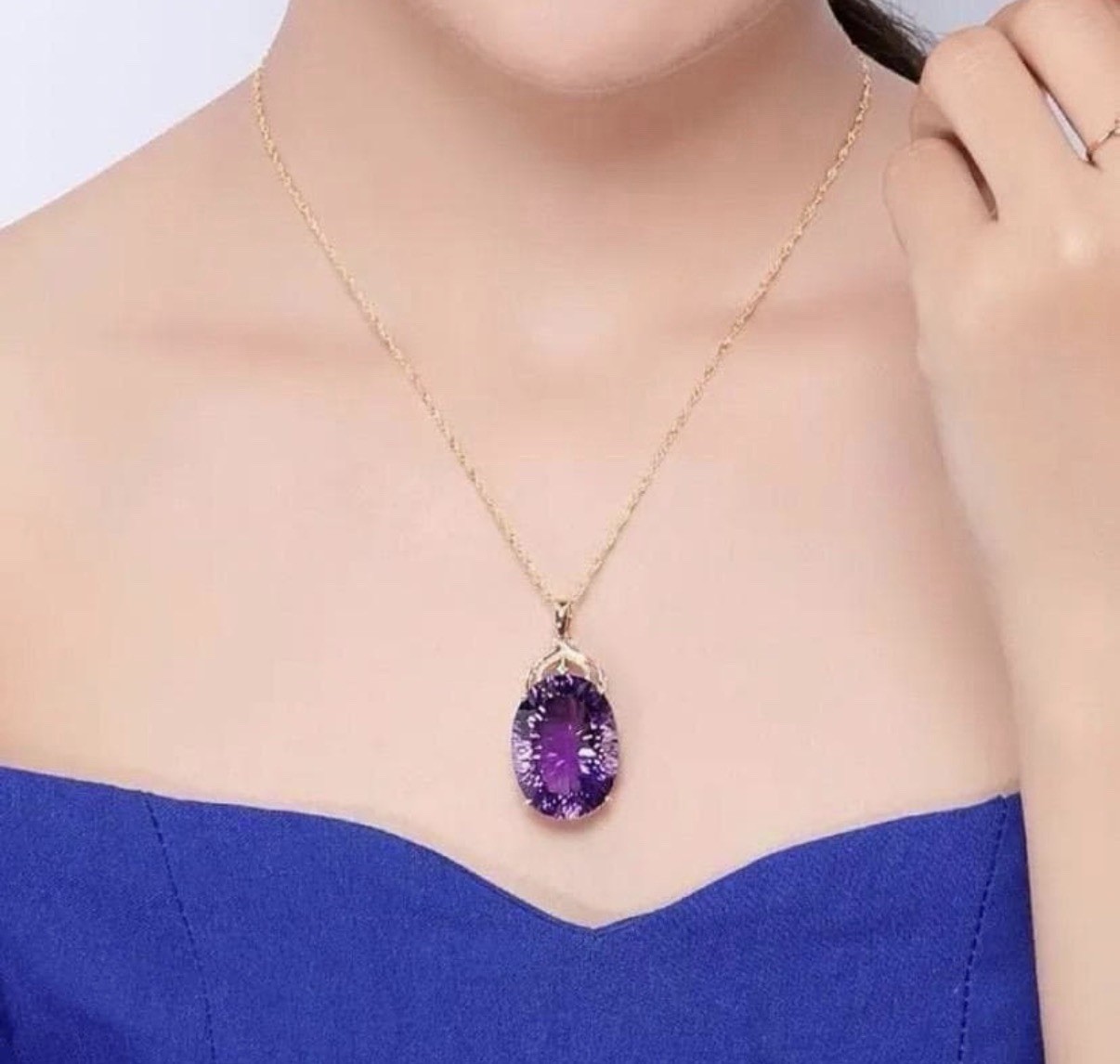 Purple Zirconia Pendant Necklace Gold Tone Oval Crystal Women Jewelry Gift