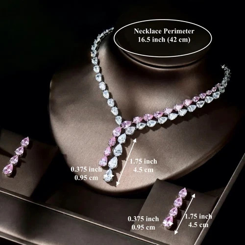 18K White Gold Filled Lab-Created Pink Sapphire Necklace Earring Set Bridal Gift