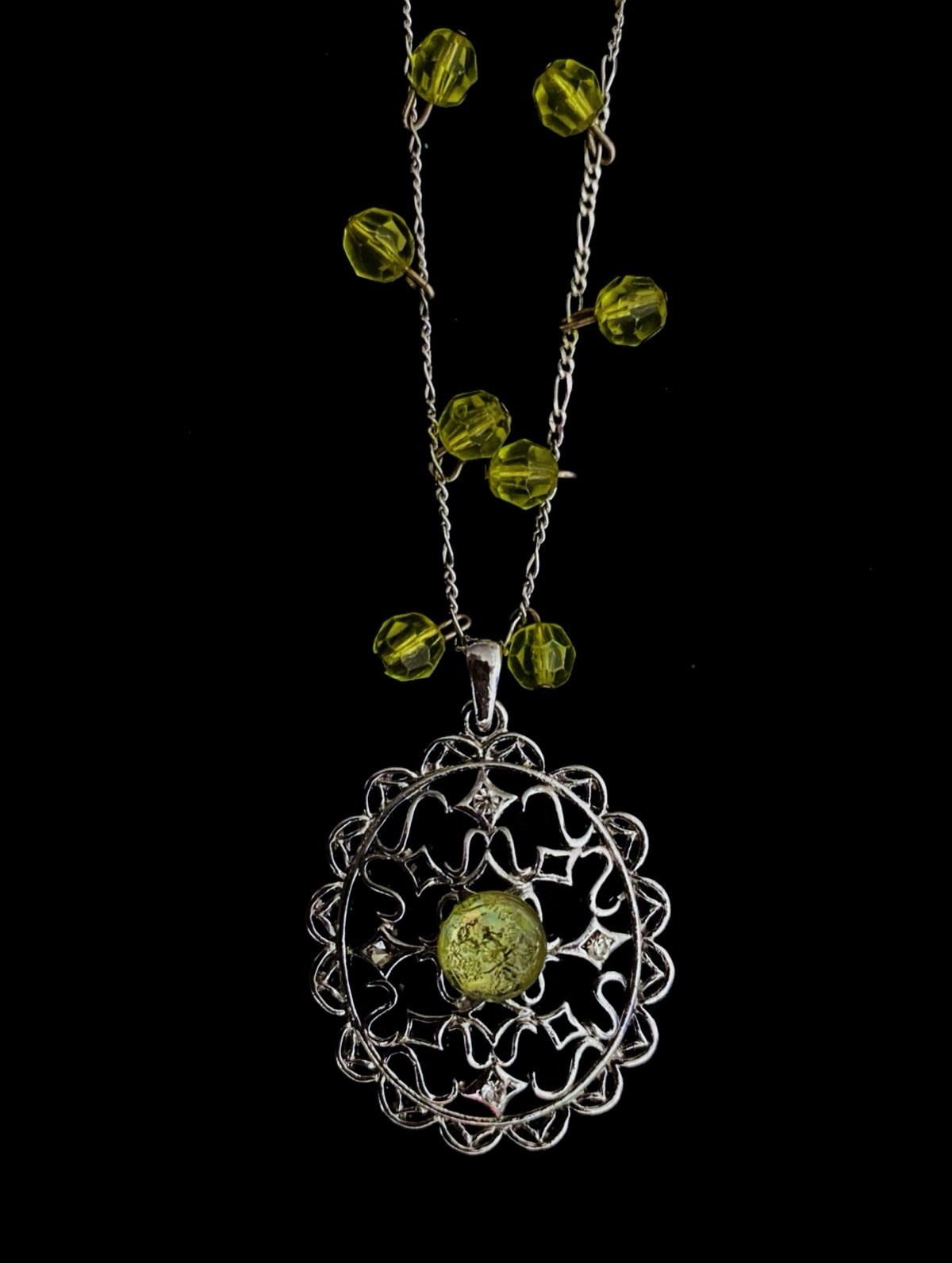 Silver-Tone Filigree Medallion Necklace | Chartreuse Green/Yellow Faceted Beads