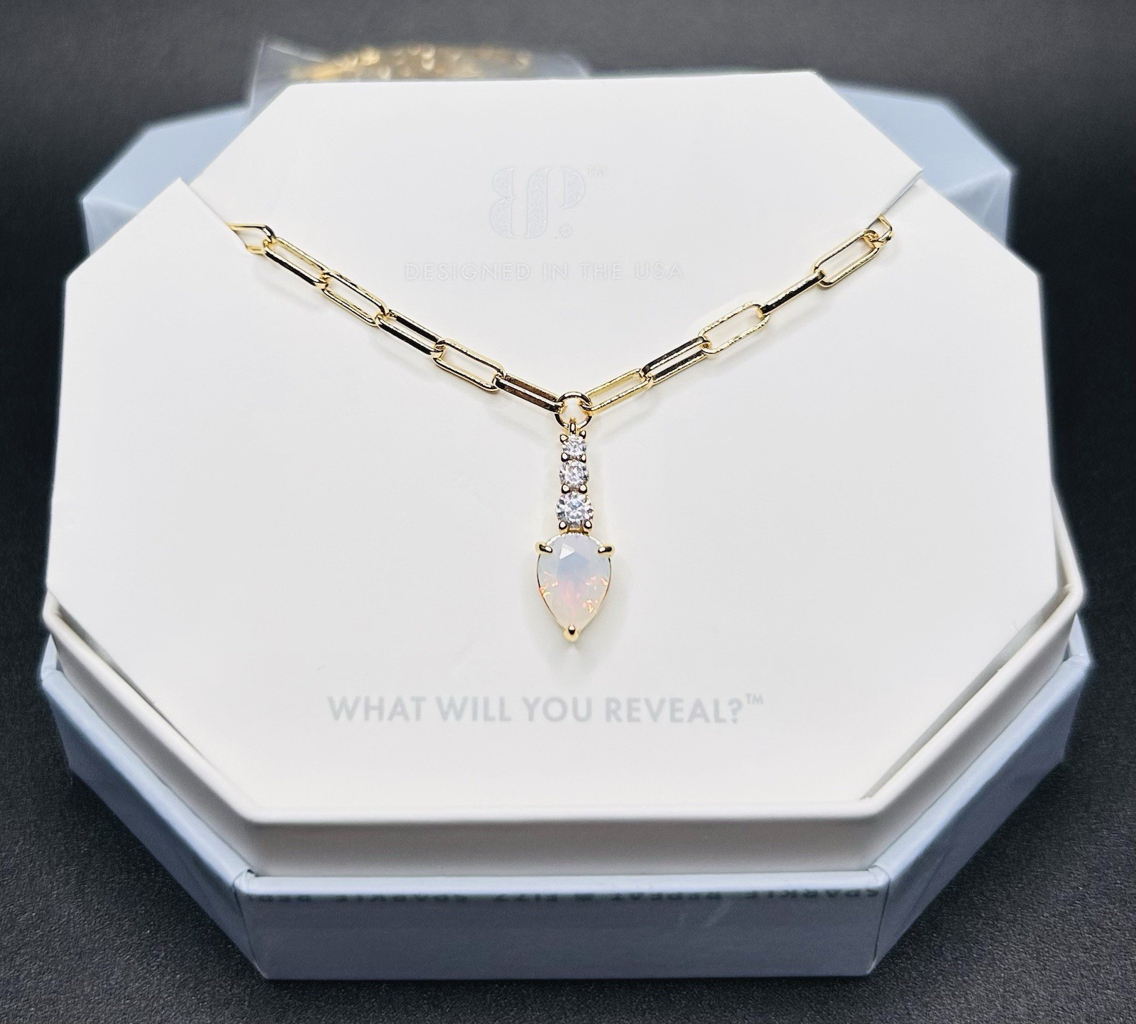Bomb Party Necklace NK40171 “Stunning Staple” LC Moonstone on Gold Plating
