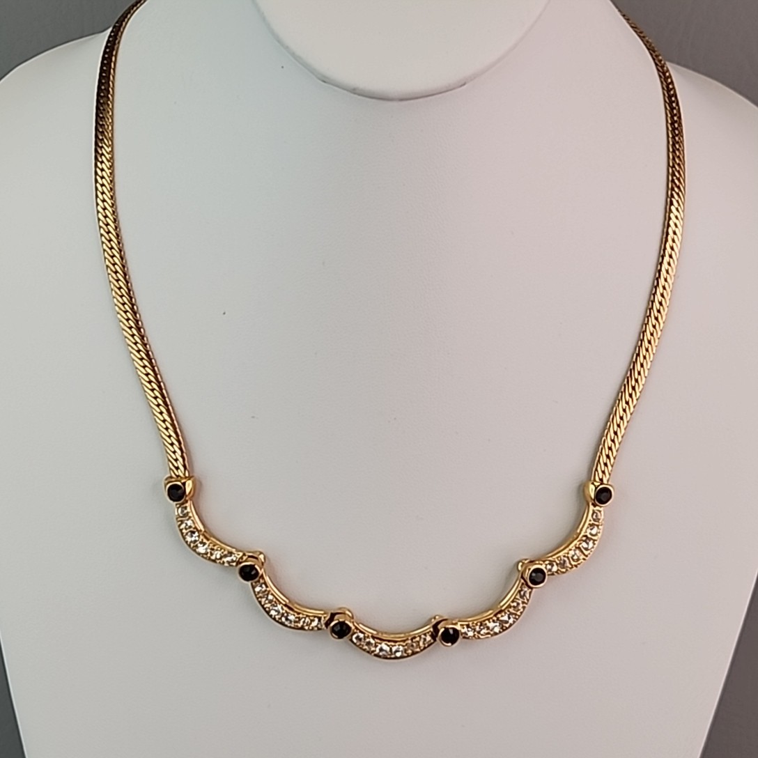 Rhinestone Chain Necklace Scalloped Clear Glass Gold Tone Herringbone 21″