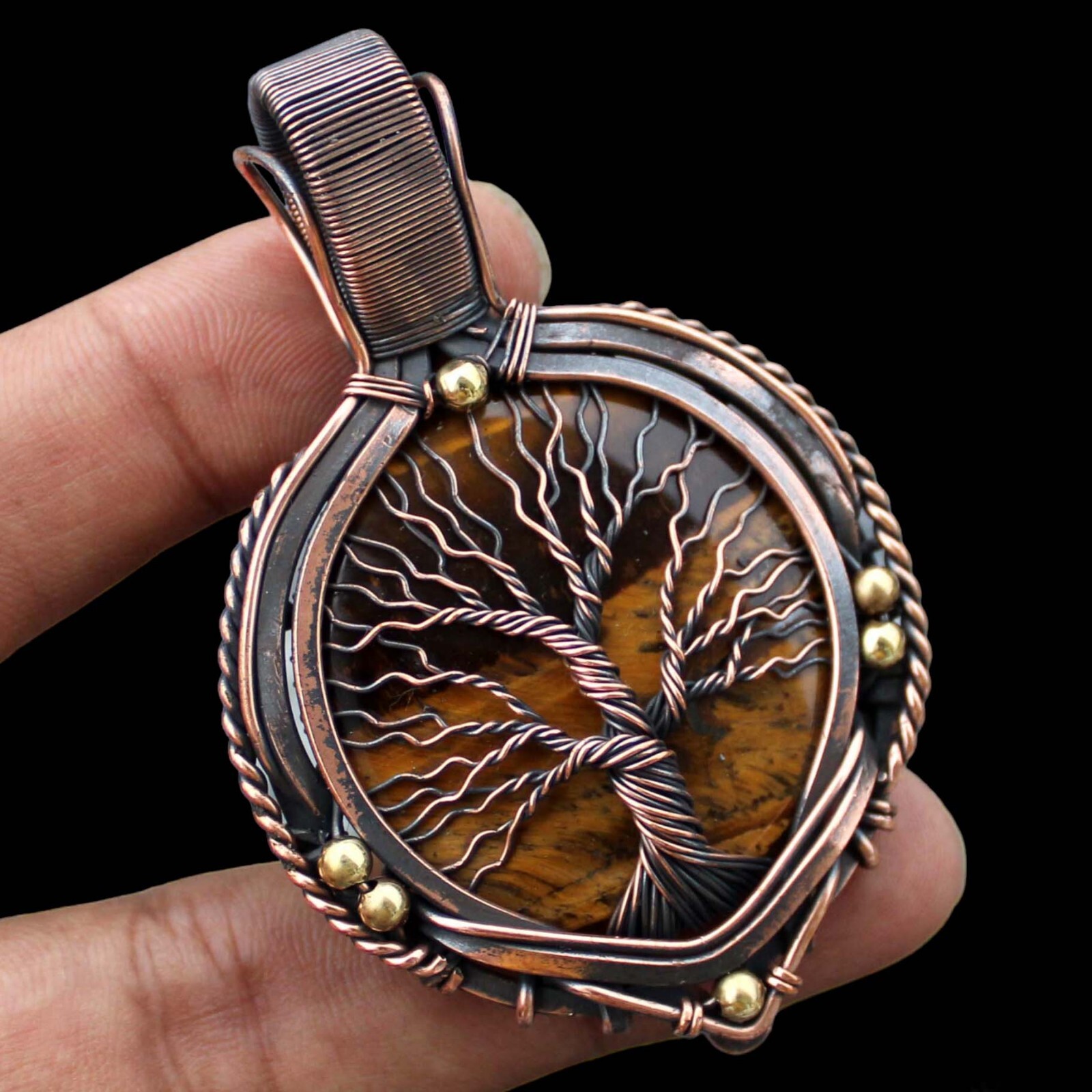 Tree Of Life Tigers Eye Pendant Copper Wire Wrapped Handmade Pendant With Chain