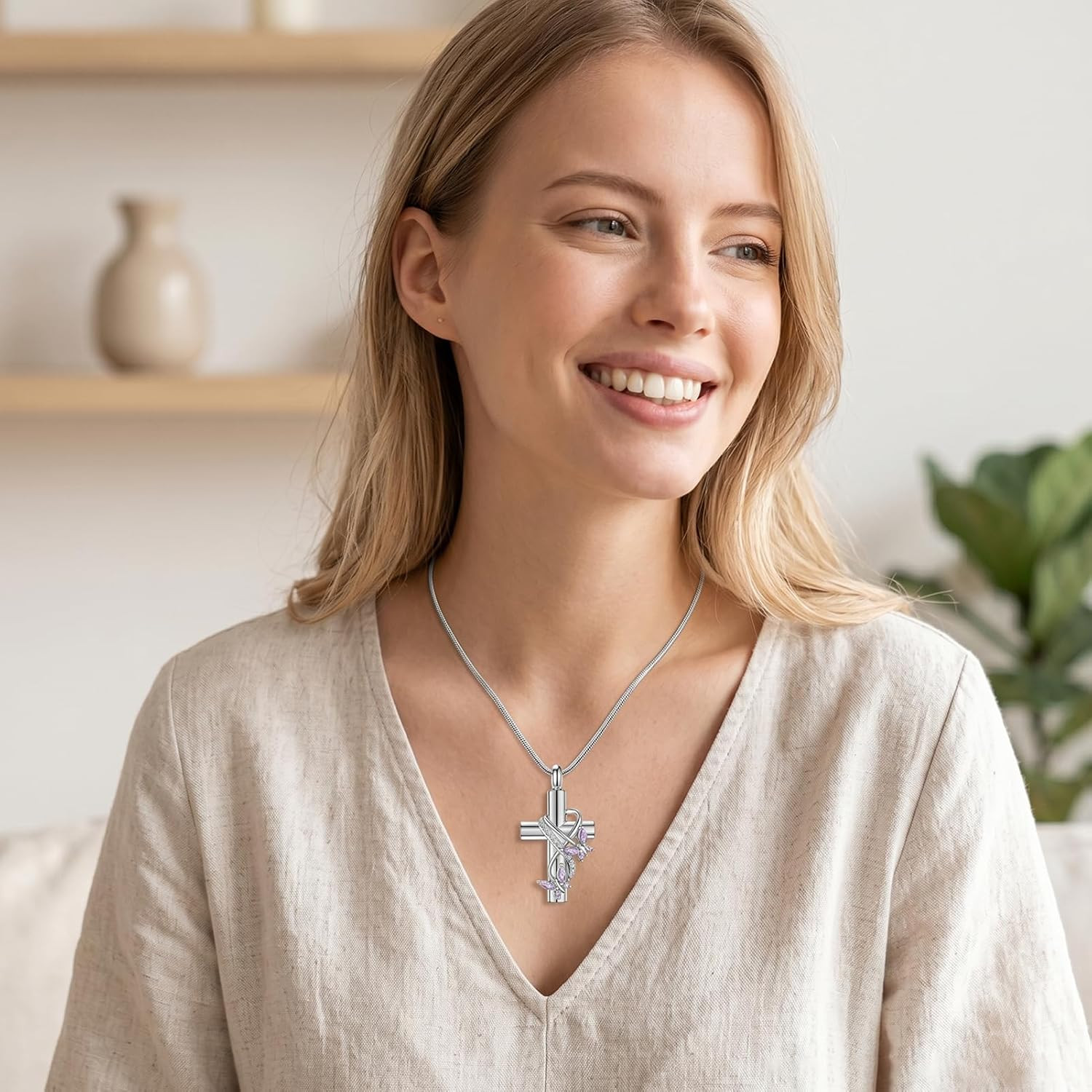 Butterfly Cross Urn Necklace for Ashes with Crystal Stainless Steel Cremation Je
