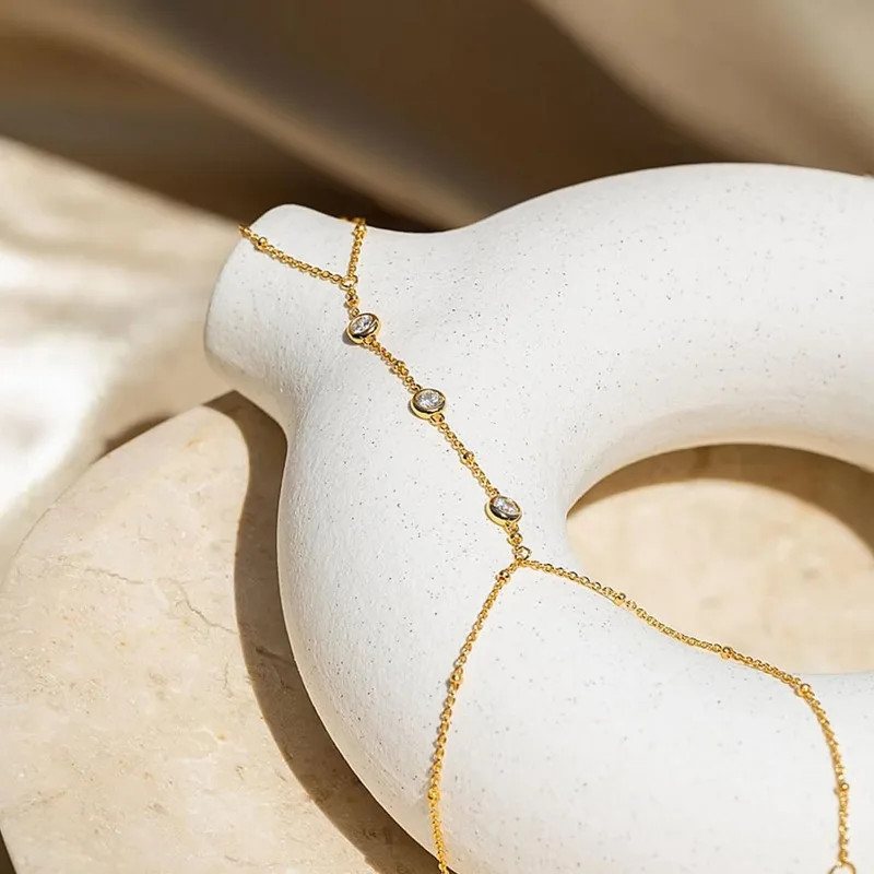 Hand Chain Bracelet with Ring Zircon Adjustable 14K Gold Plated Dainty Women