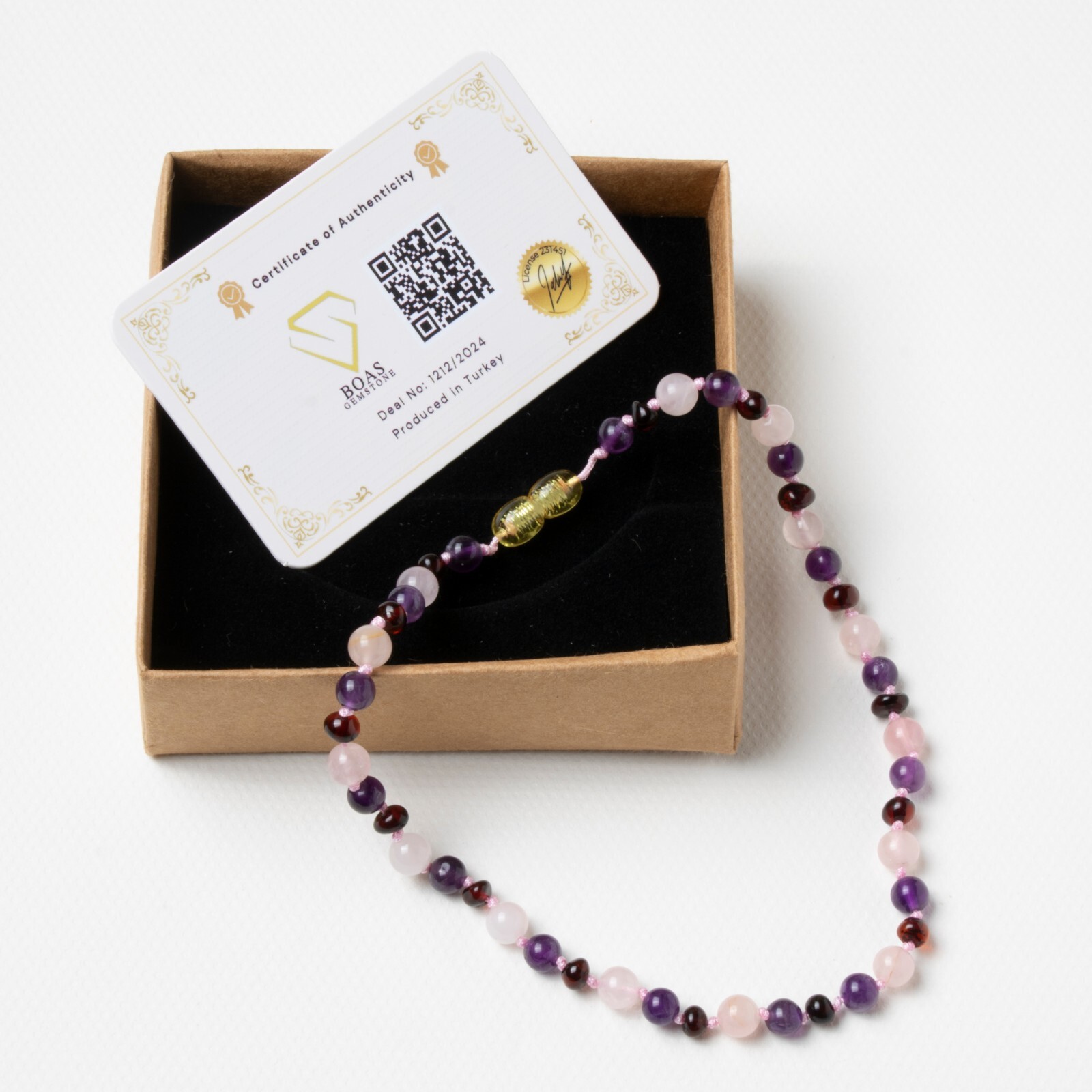 Healing Natural Stone Necklace for Babies – Amber, Rose Quartz, and Amethyst