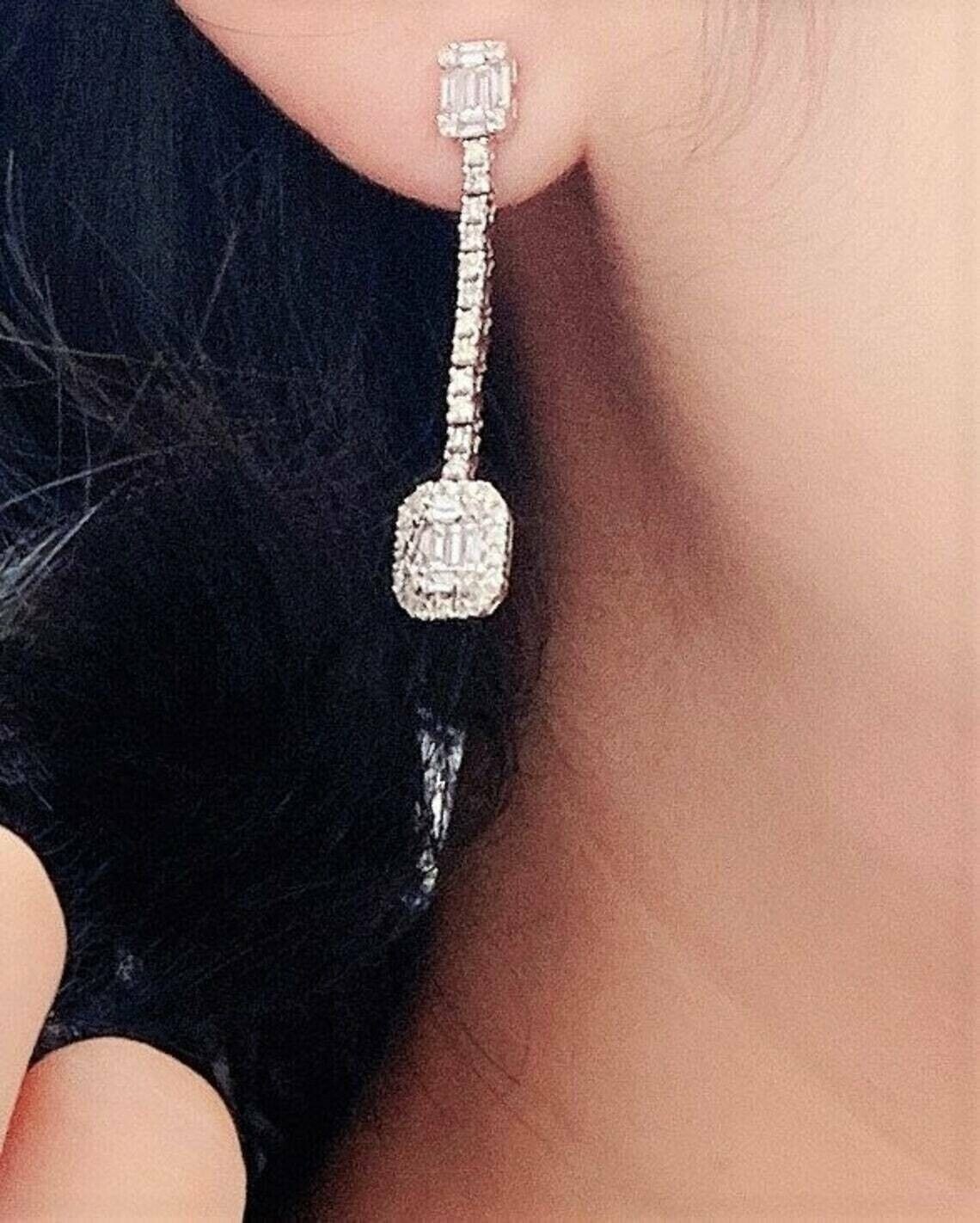 1.50Ct Baguette Cut Simulated Diamond Drop/Dangle Earrings 14K White Gold Plated