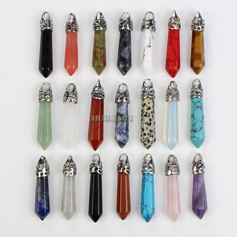 20pcs Mixed Natural Stone Gems Hexagonal Pointed Pendants Healing Crystal Quartz