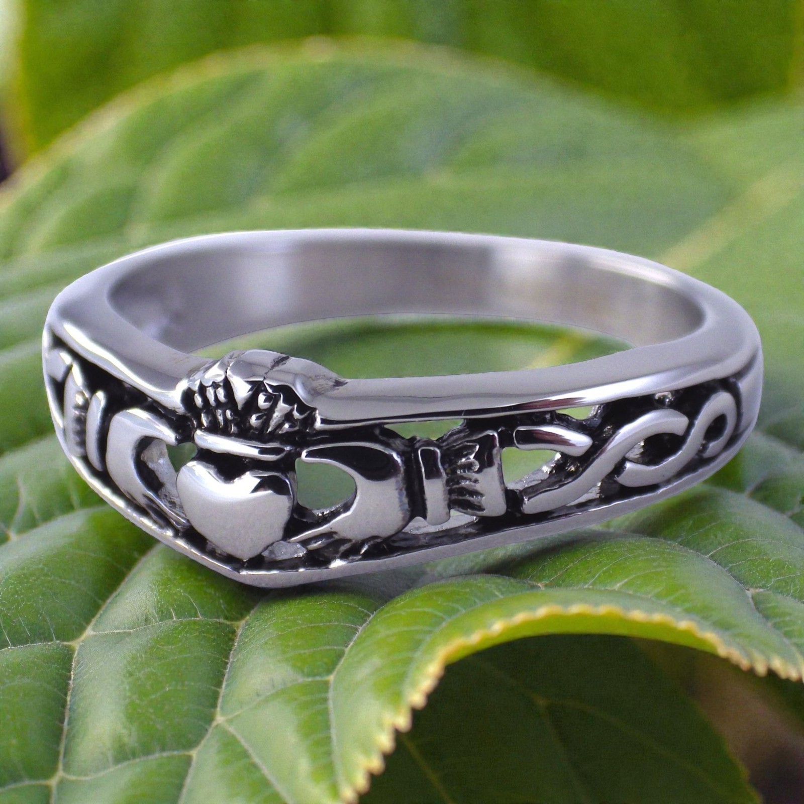Irish Claddagh Ring Womens Silver 316L Stainless Steel Celtic Knot Wedding Band