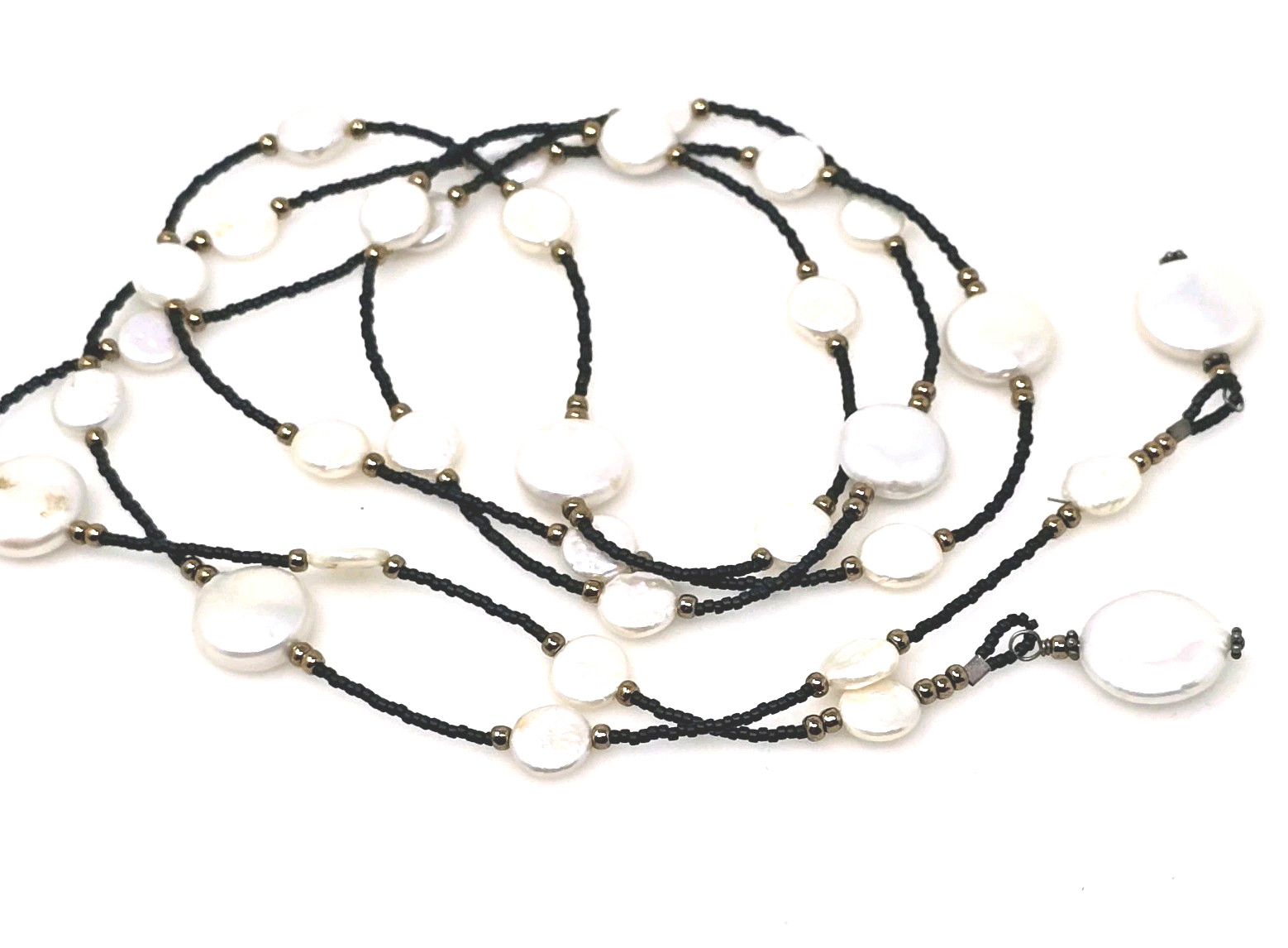 Long Baroque Coin Pearl Black Spinel Station Beaded Necklace 48″ Lariat