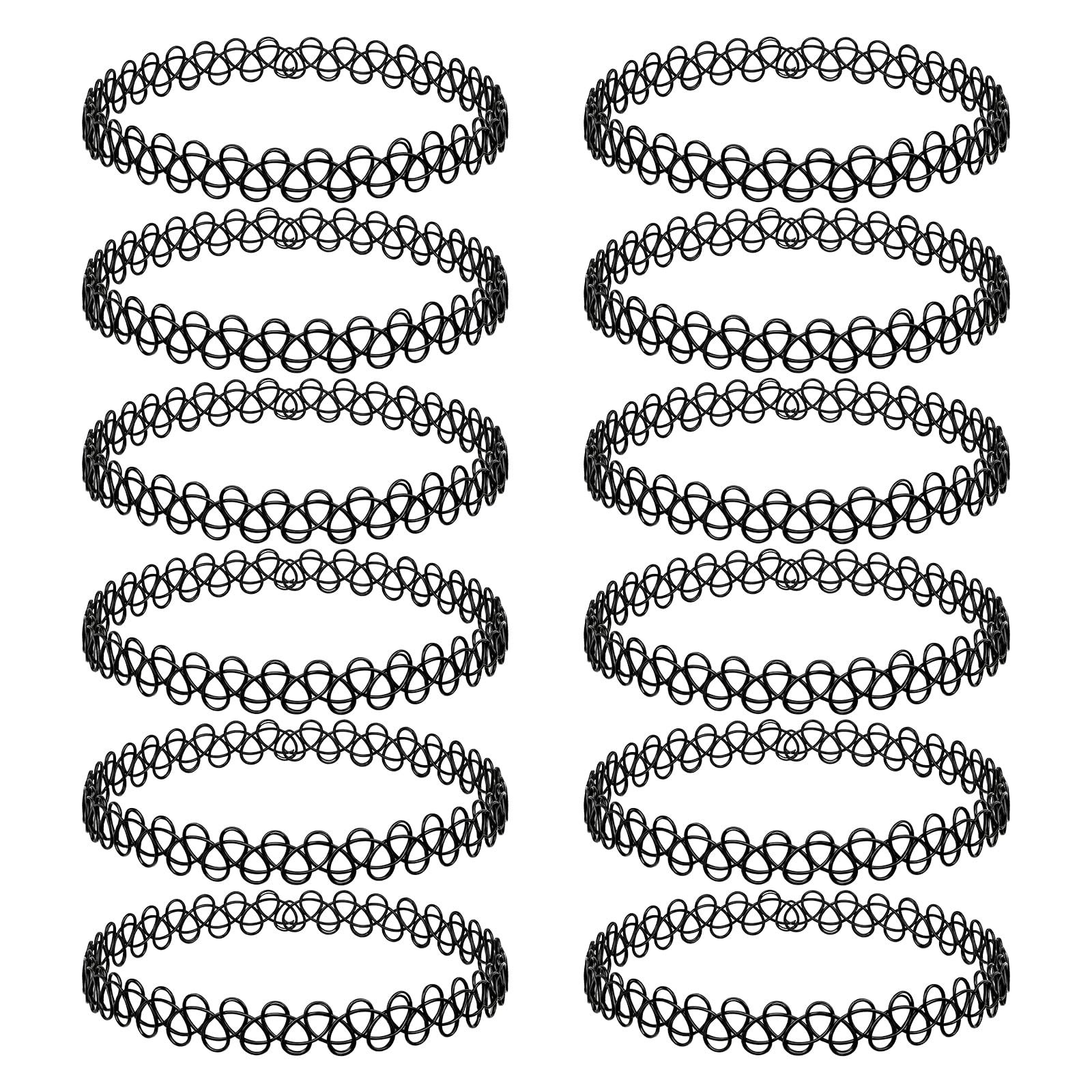 12PC 90s Tattoo Choker Necklace Set – Black Stretchy Elastic Vintage Trendy Y…