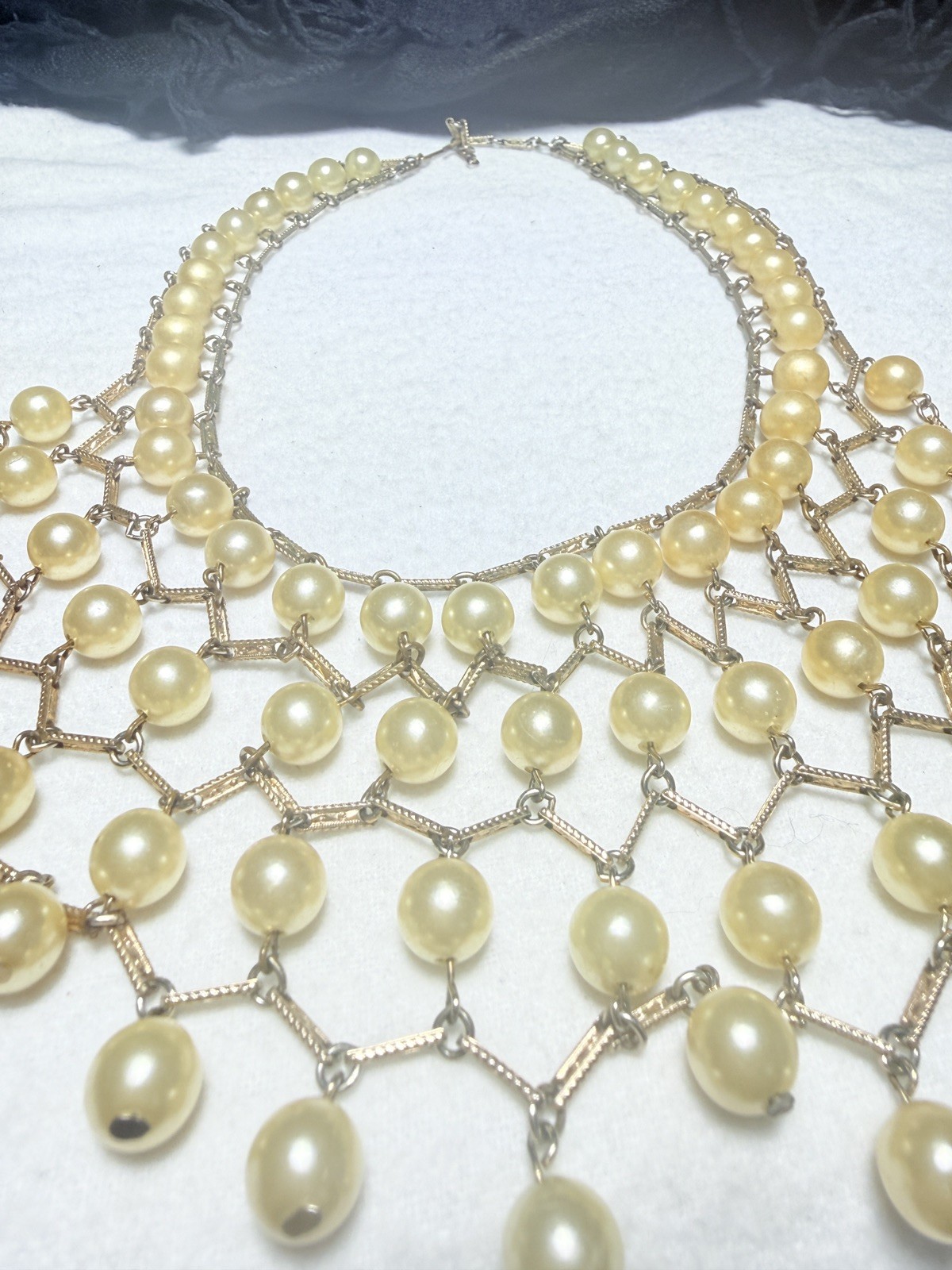 Gold Tone 1950s Vintage Faux Pearl Bib Necklace Statement Lattice Fringe Estate