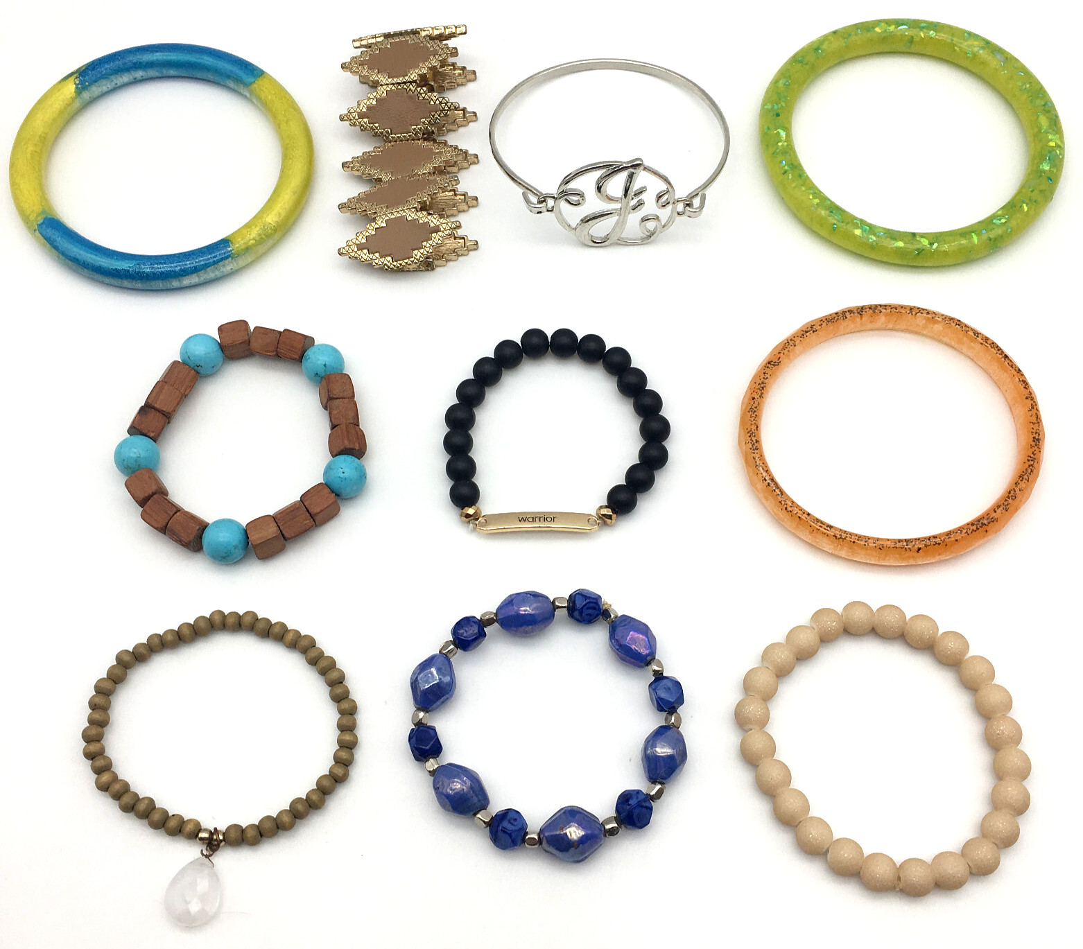 Lot of 10 Bracelets, Acrylic, Metal, Sugar, Wood, Glass Beads, $10 + Free Ship