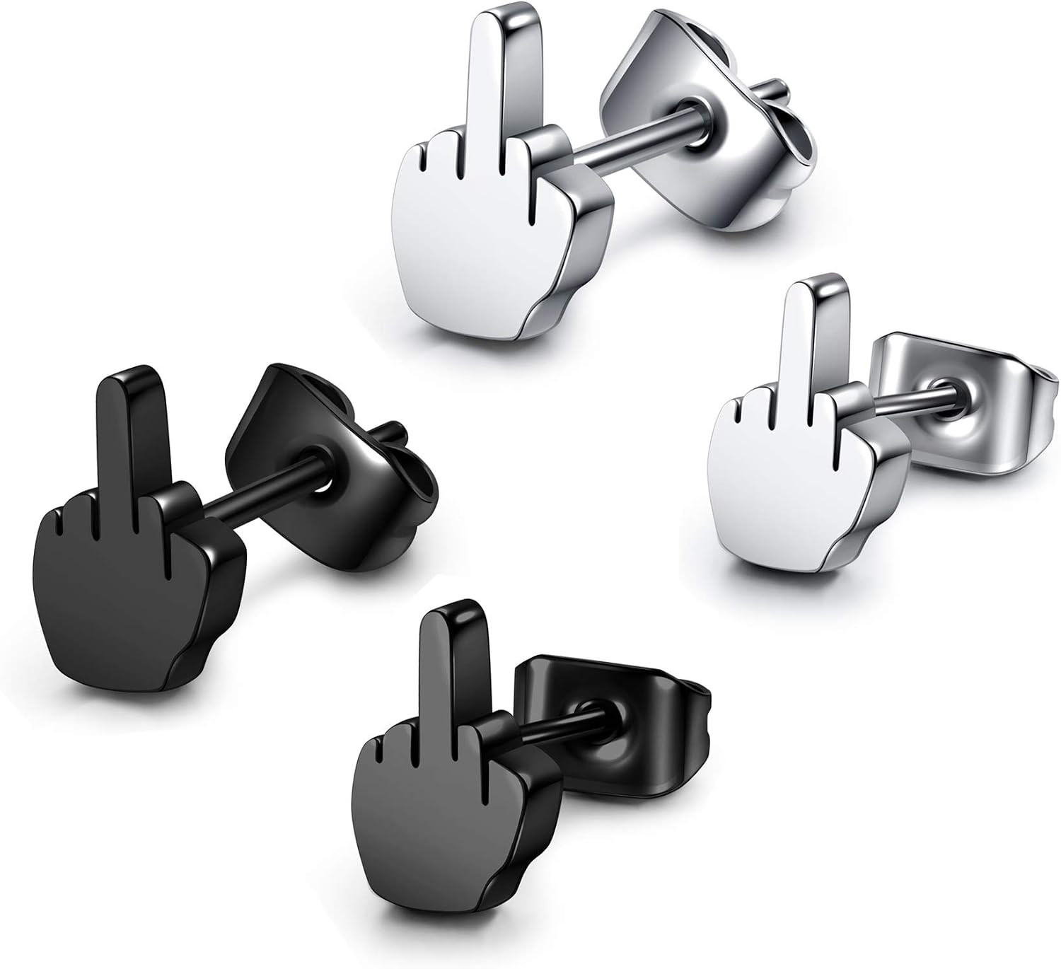 2Pairs Punk Stainless Steel 20G Silver Black Middle Finger Ear Studs Earrings Wo