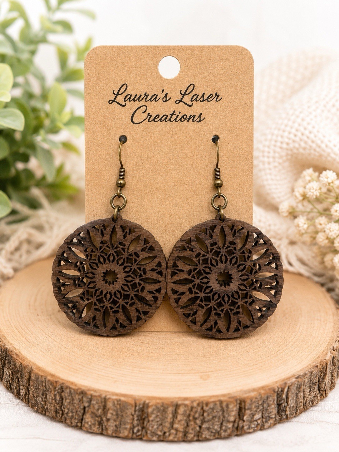 Boho Wooden Mandala Earrings Laser Cut Dangle Earrings Handmade USA