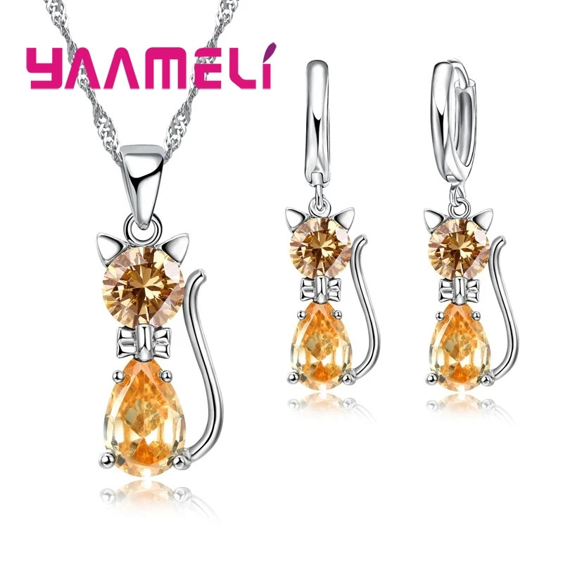Silver Color Cat Pendant Necklace and Huggie Earrings Jewelry Set for Women Girl