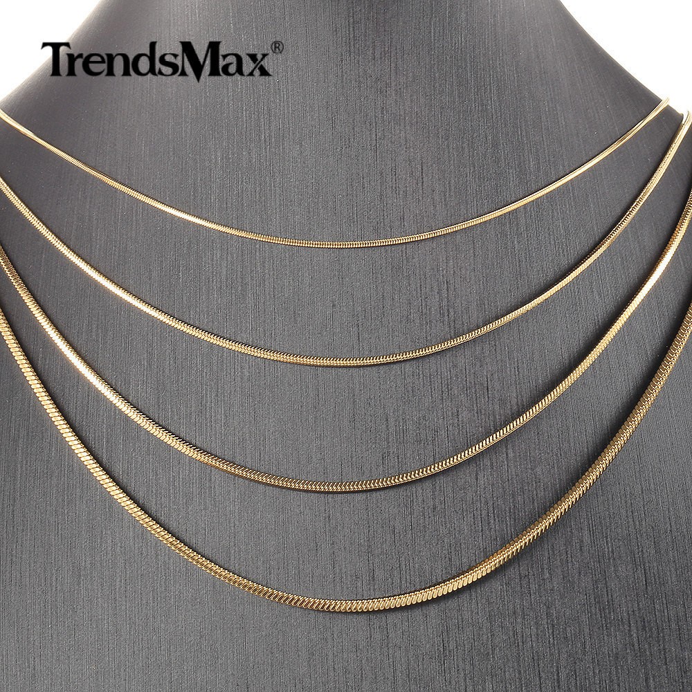 0.9-2.0mm Gold Plated Stainless Steel Square Snake Chain Necklace Women Men Jewl