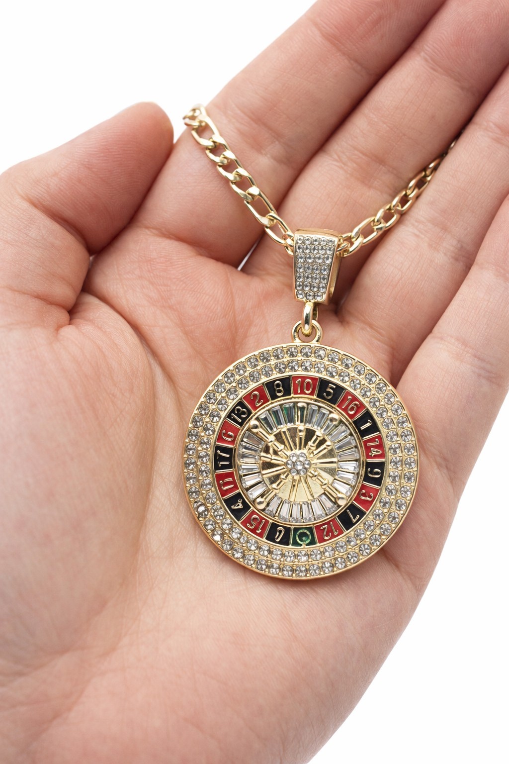 Gold Tone Roulette Wheel Pendant Necklace Iced Casino Chain Hip Hop Jewelry