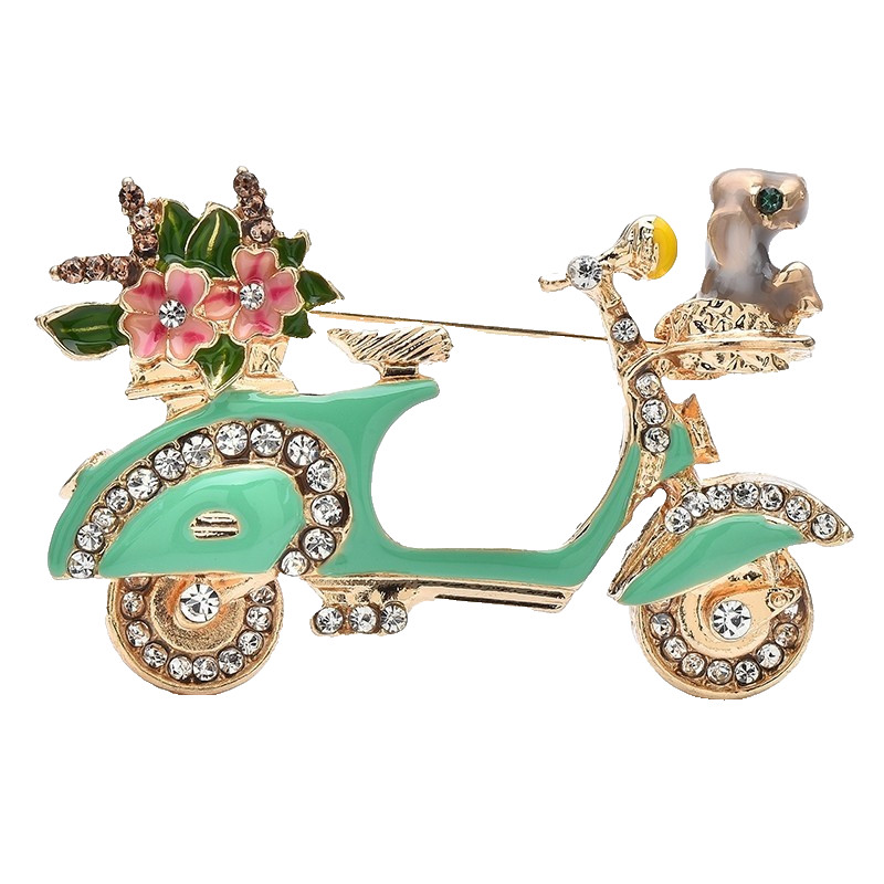 2pcs Scooter Dog & Cruise Ship Brooch Pin Set Crystal Enamel Travel Jewelry