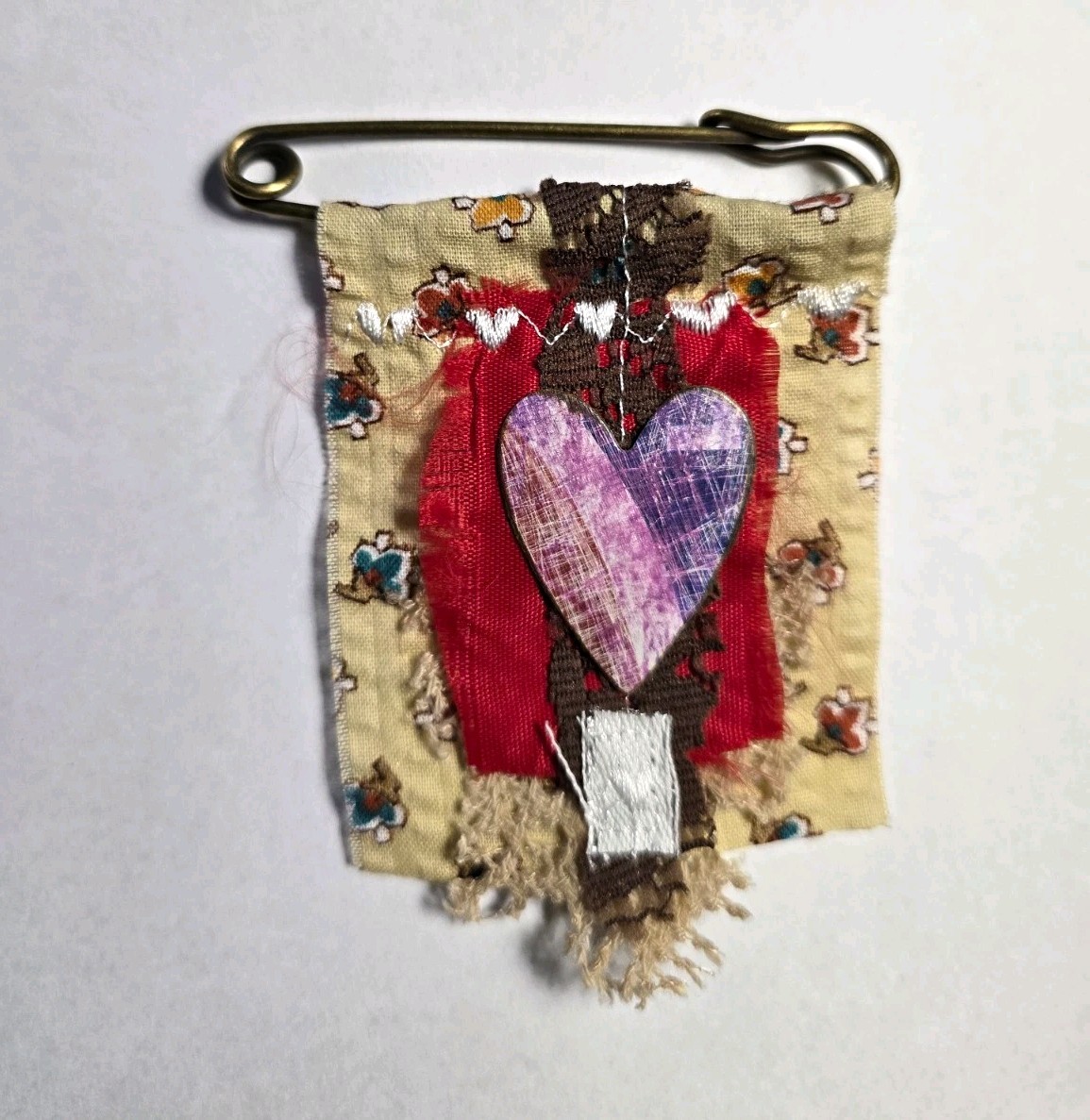 Handmade Multicolor Fabric Heart Pin Brooch, Metal Safety Pin, 3 in