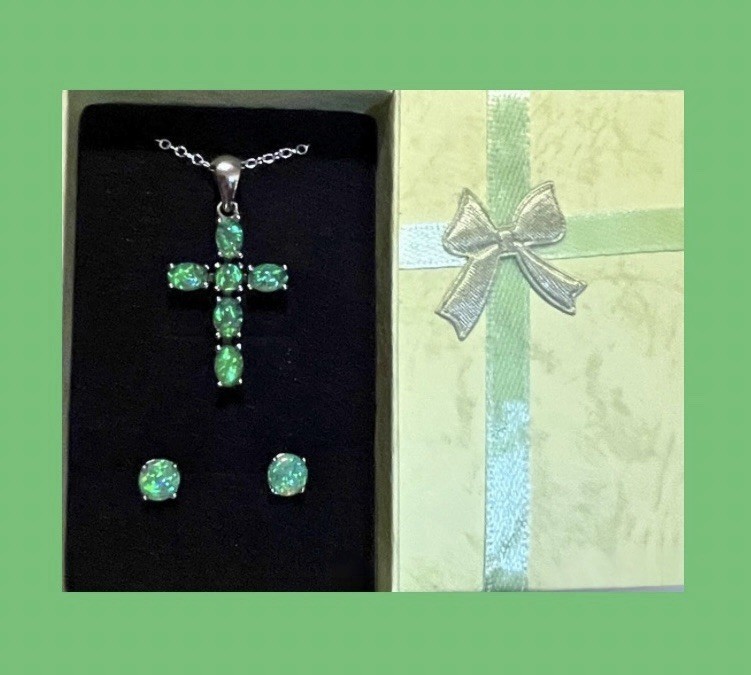 Dazzling Green Fire Opal Cross Necklace & 6mm Stud Earrings Set