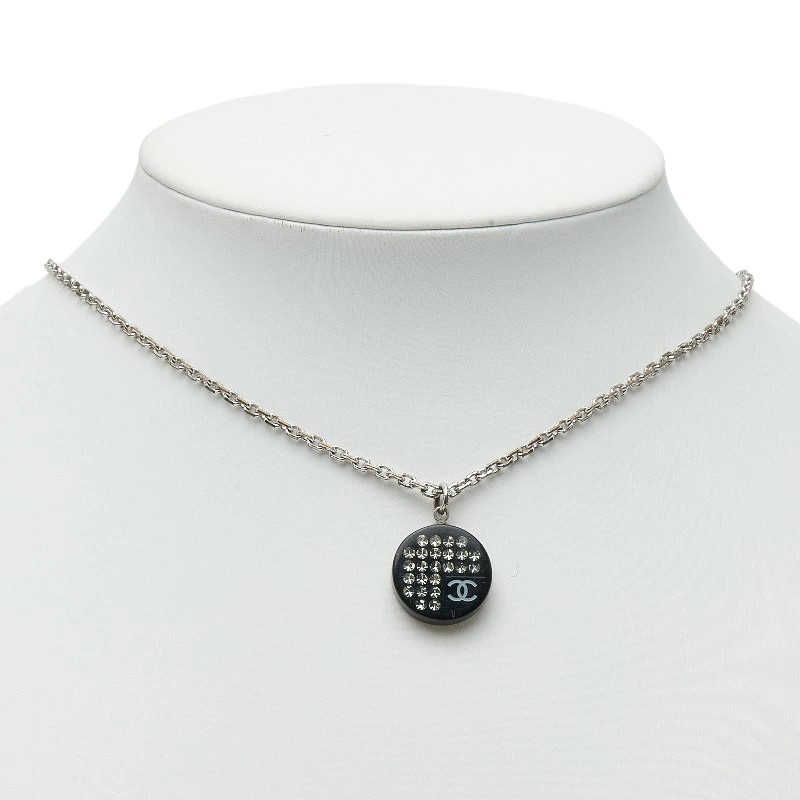 CHANEL Cocomark Rhinestone Necklace Silver Black Metal Plastic Ladies 18.5in