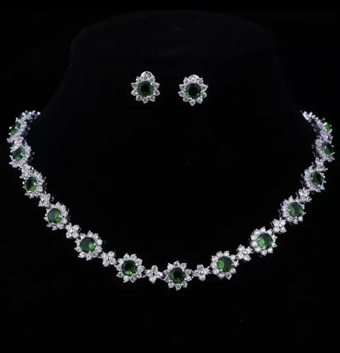 18k White Gold Plated Green Tennis Necklace Earring Set Made Simulated