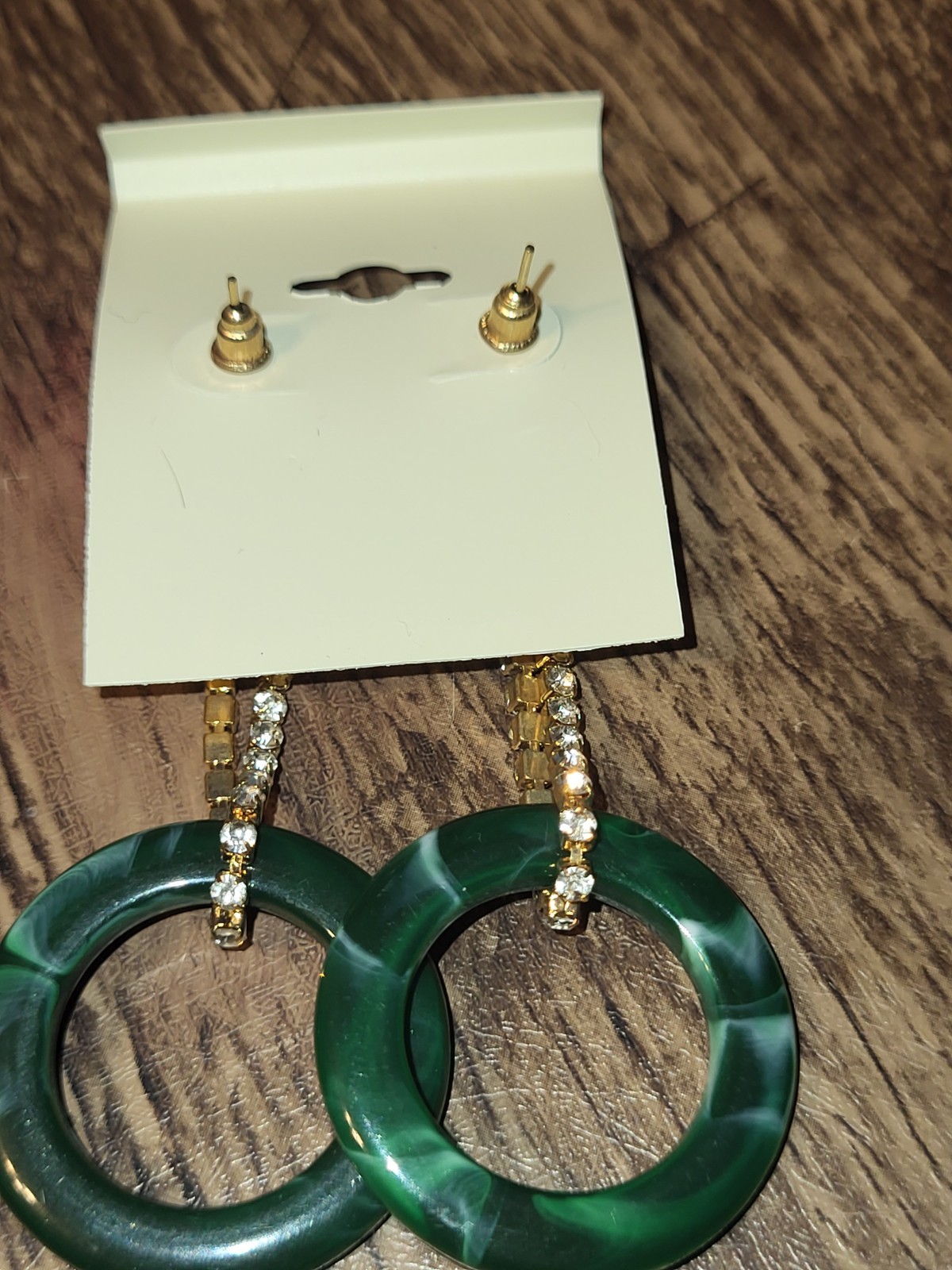 Crystal Collection Green Faux Malachite and Rhinstone Drop Earrings
