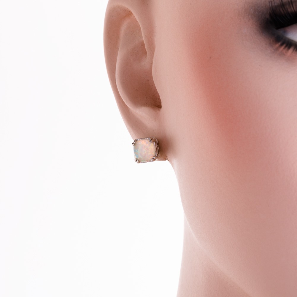 8×8 Cushion White Fire Opal Cabochon Silver Jewelry Simple Stud Earrings