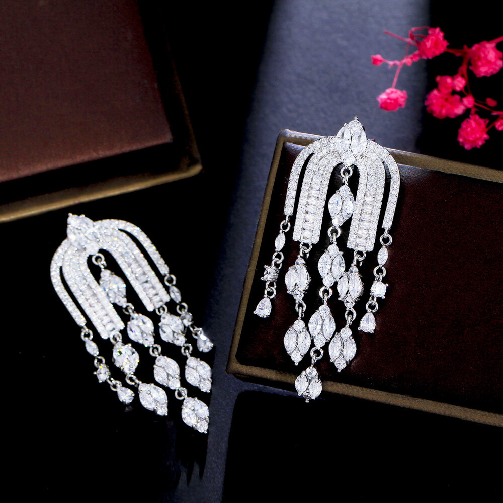 Silver Plated Cubic Zirconia Long Chandelier Dangle Drop Wedding Earrings Women