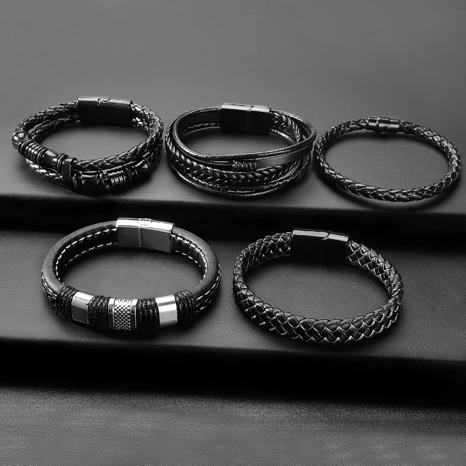 Adjustable Leather and Stainless Steel Bracelets