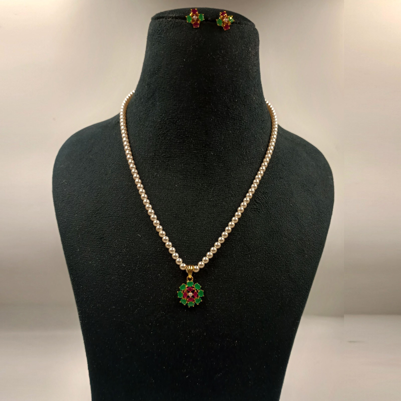 Ruby Emerald Pearl Pendant Set, 22k Gold Plated Traditional Indian Wedding Jewel